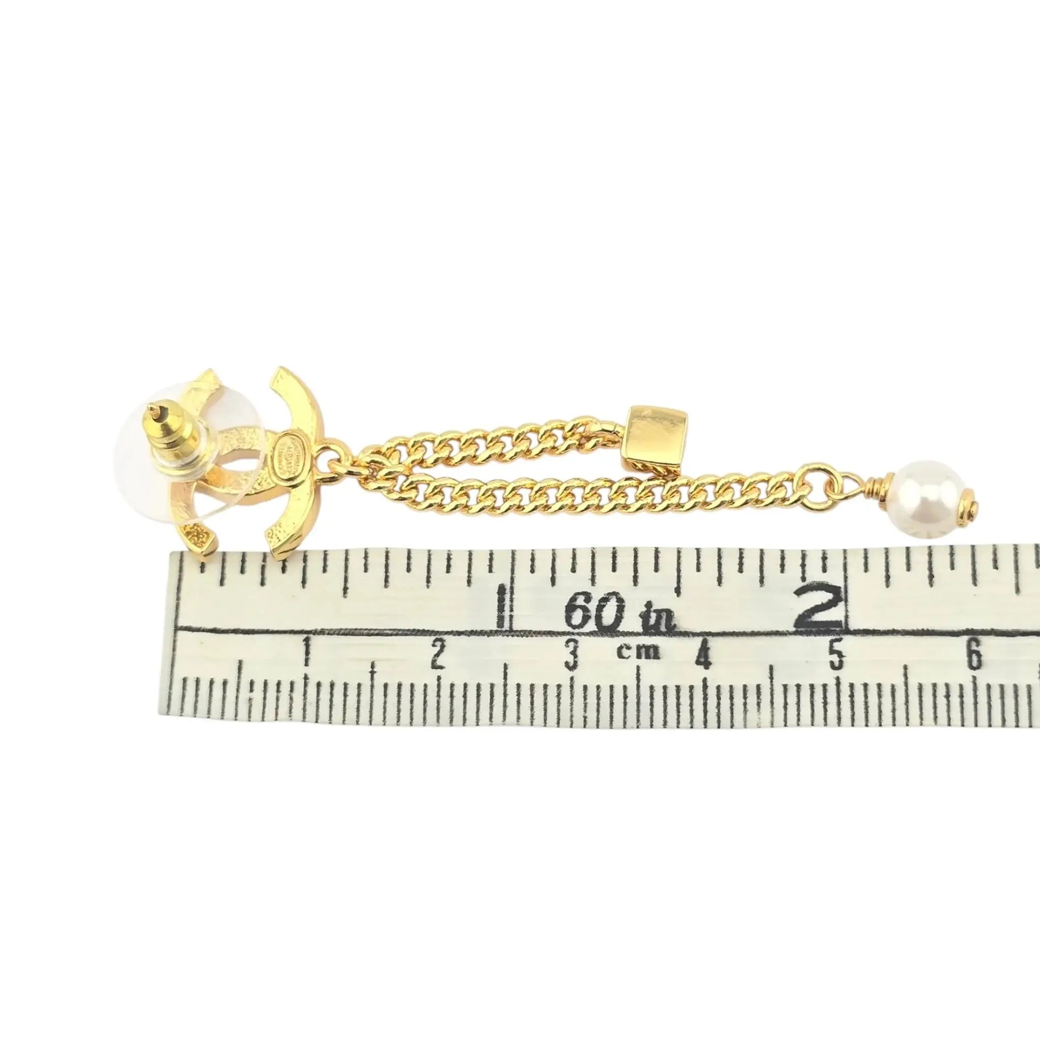 Chanel CC Crystal Pearl Quilted Chain Drop Earrings Gold CHANEL