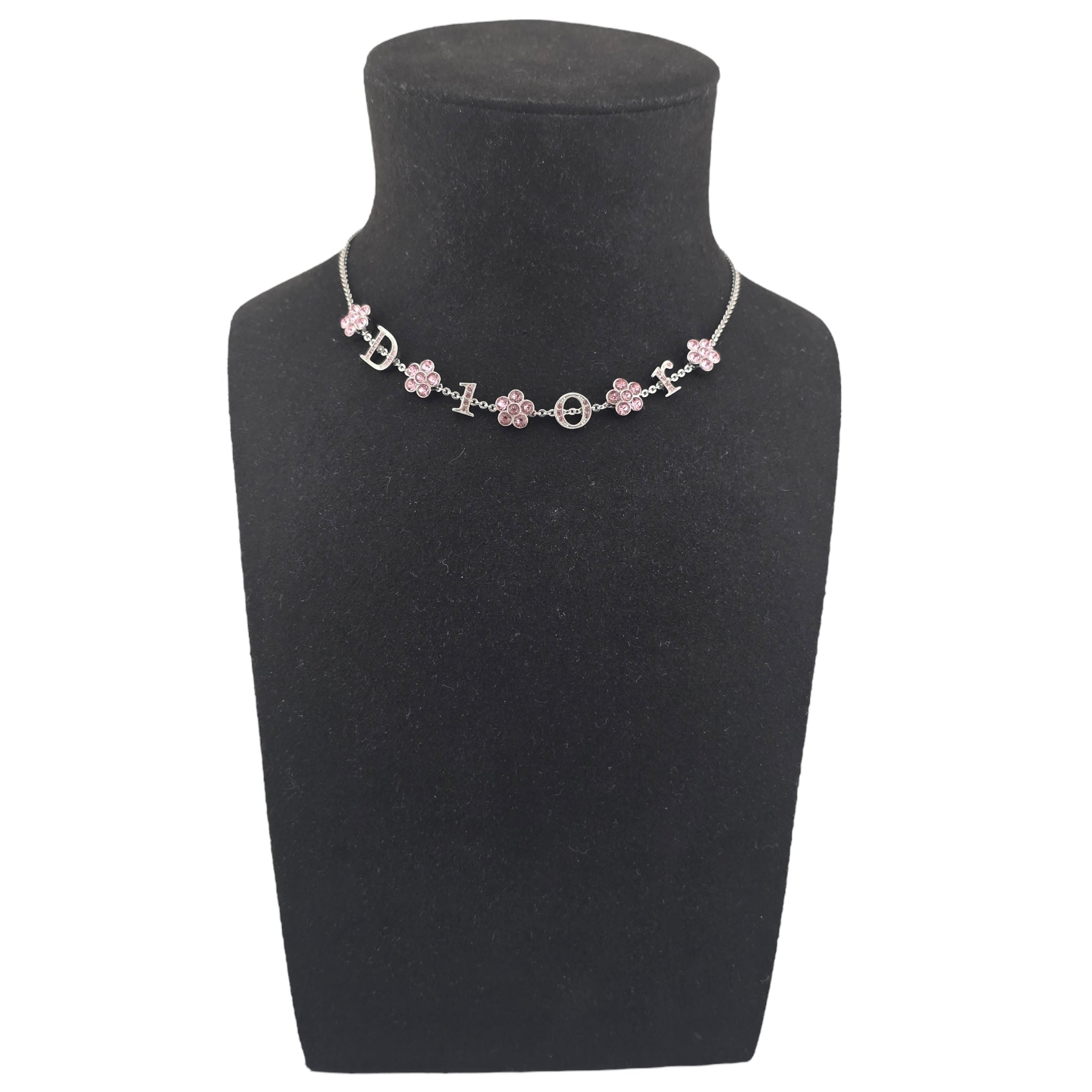 Christian Dior Crystal Flower Silver Pink Choker Necklace DIOR