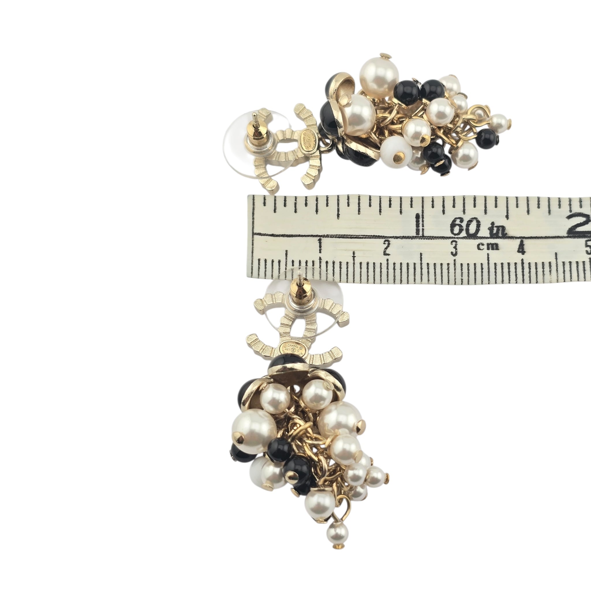 Chanel CC Faux Pearl White Black Gold Earrings CHANEL