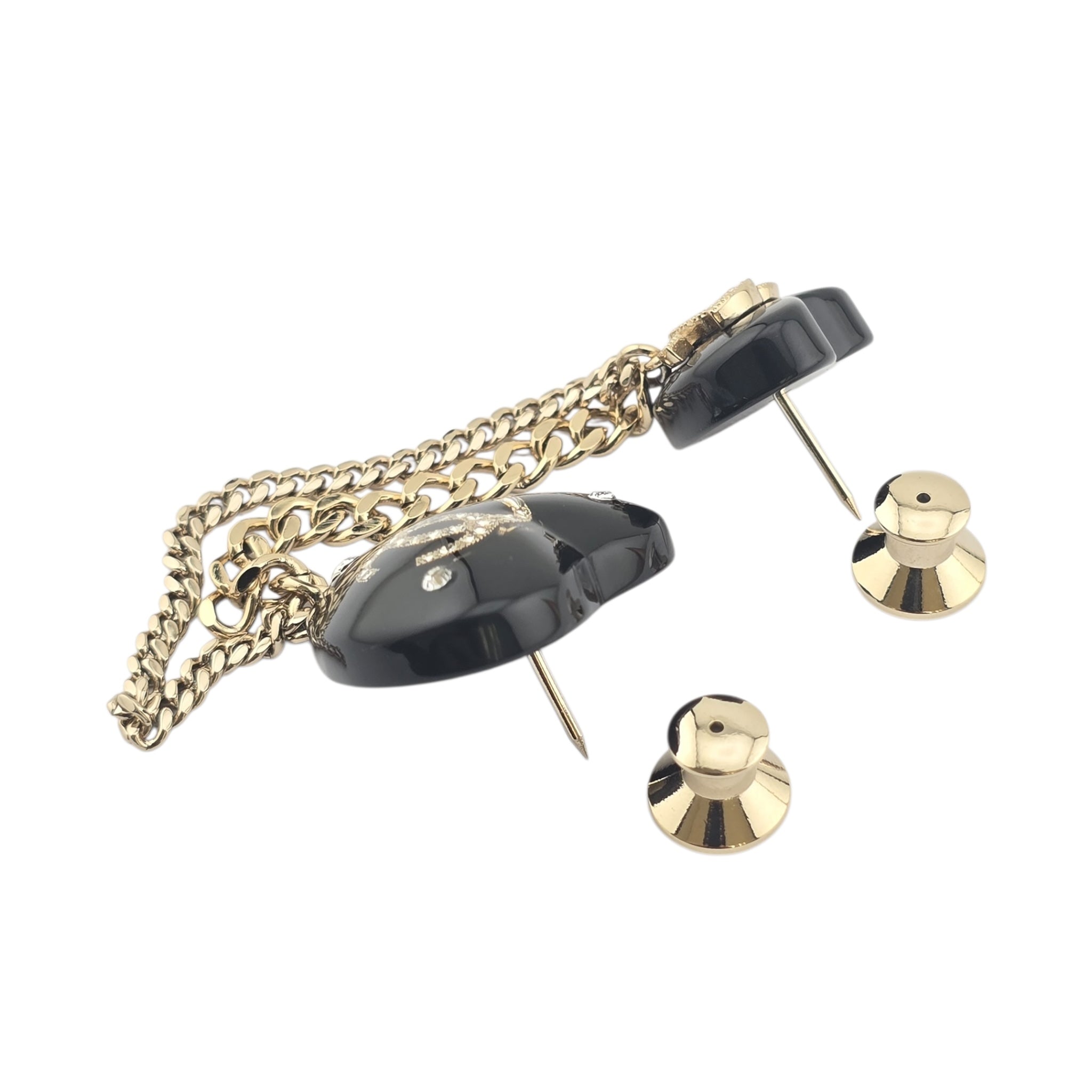 Chanel CC Black Resin Heart Chain Brooch CHANEL