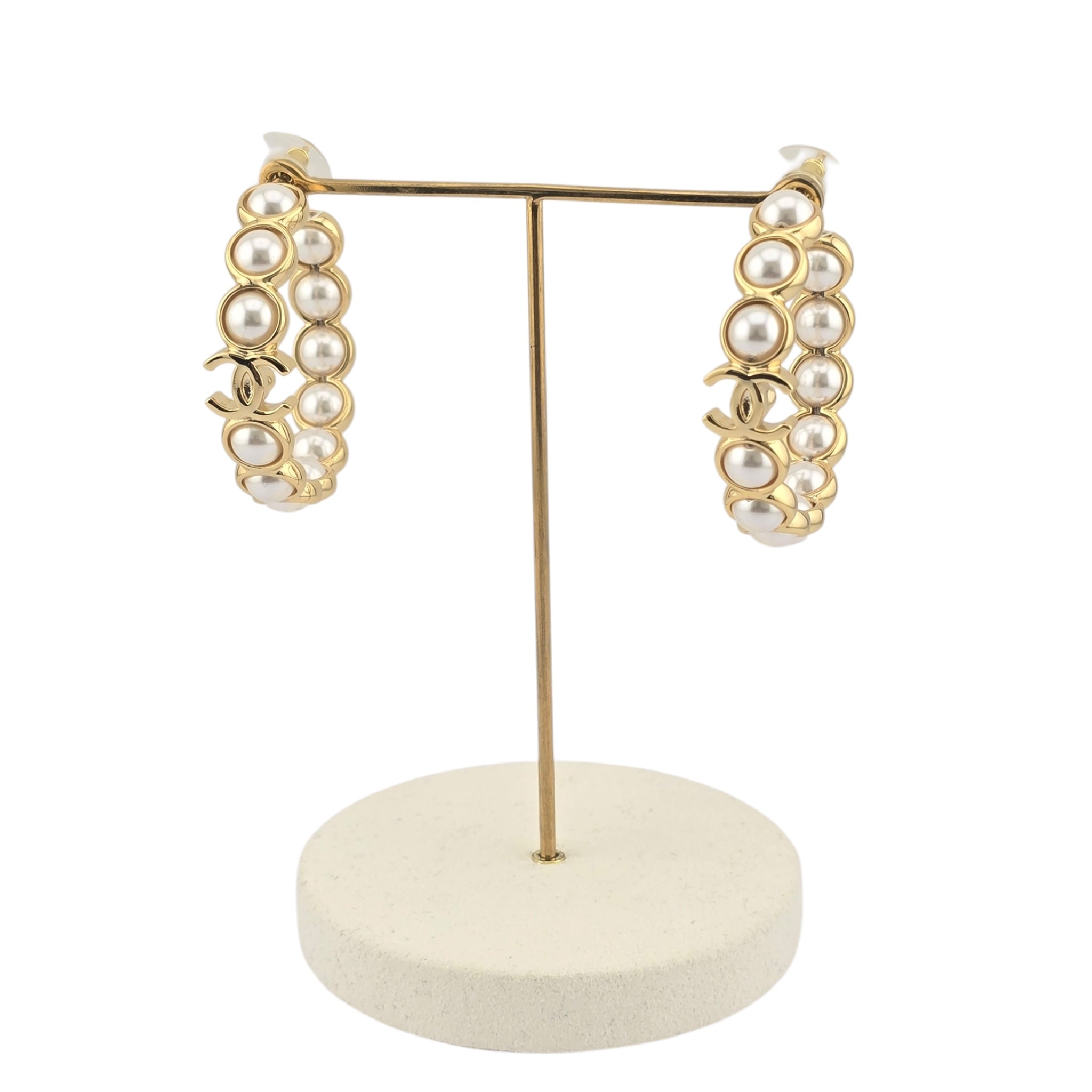 Chanel CC Faux Pearl Gold Hoop Earrings 2024 CHANEL