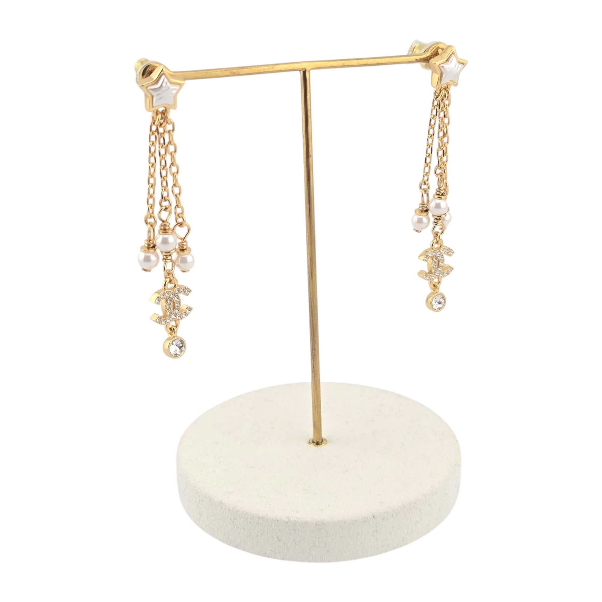 Chanel CC Faux Pearl Star Dangle Gold Earrings 2024