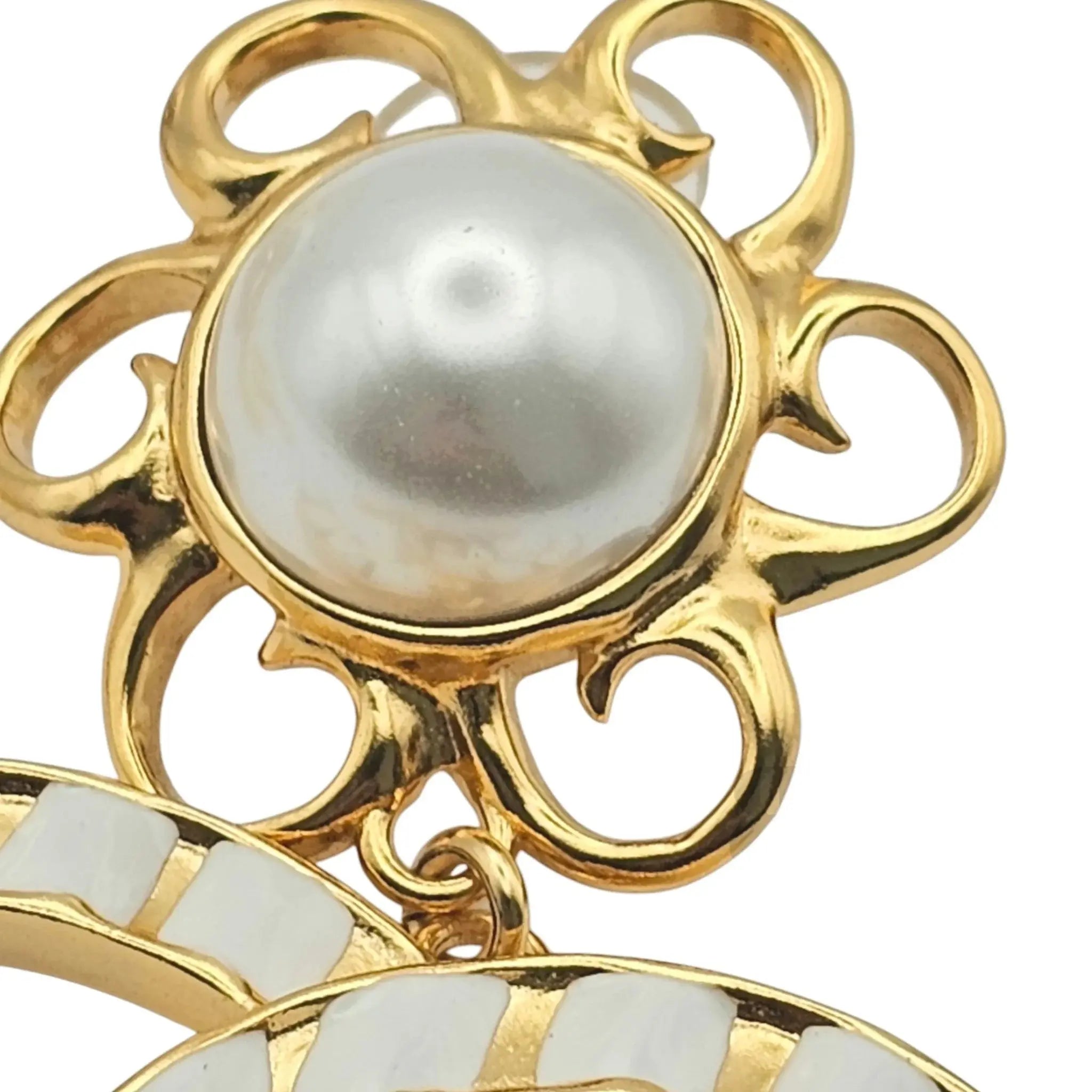 Chanel 23C XL Gold White Stripe Clip On Dangle Drop Earrings CHANEL