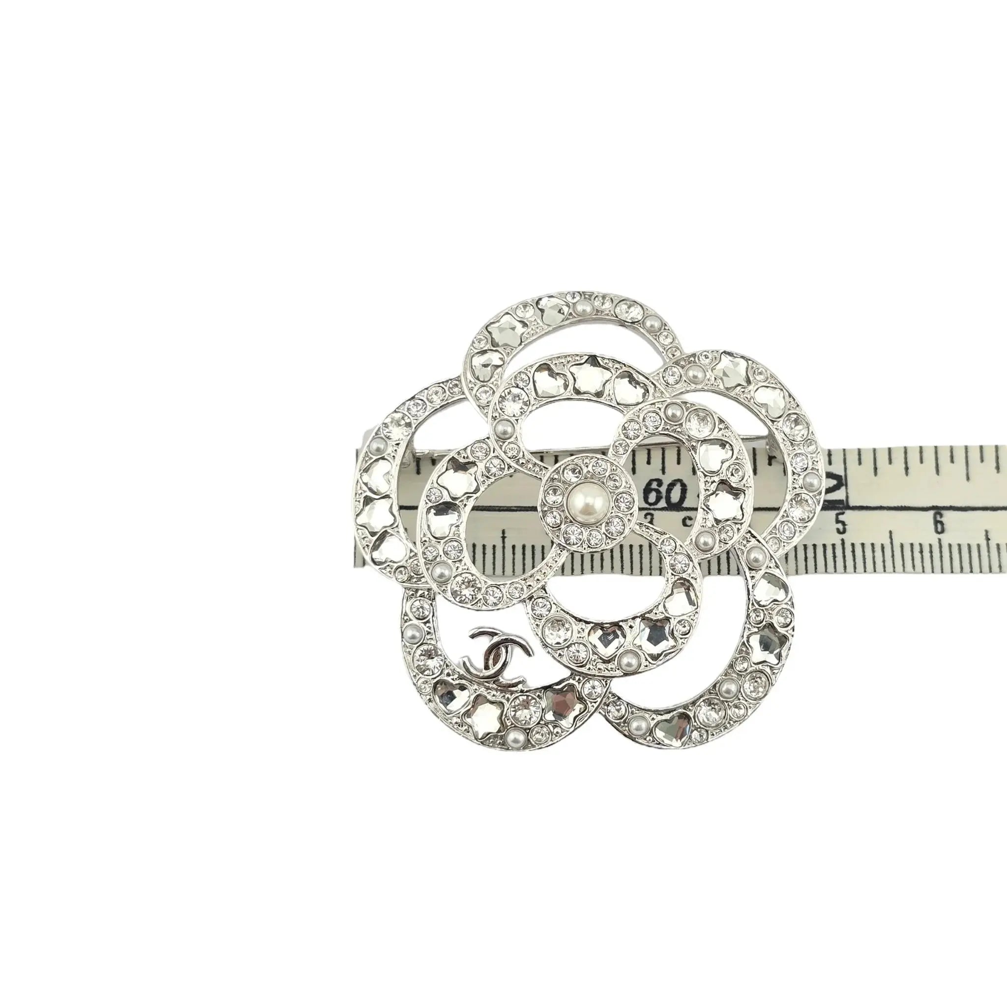 Chanel CC Silver Crystal Camellia Flower Brooch 2025 CHANEL