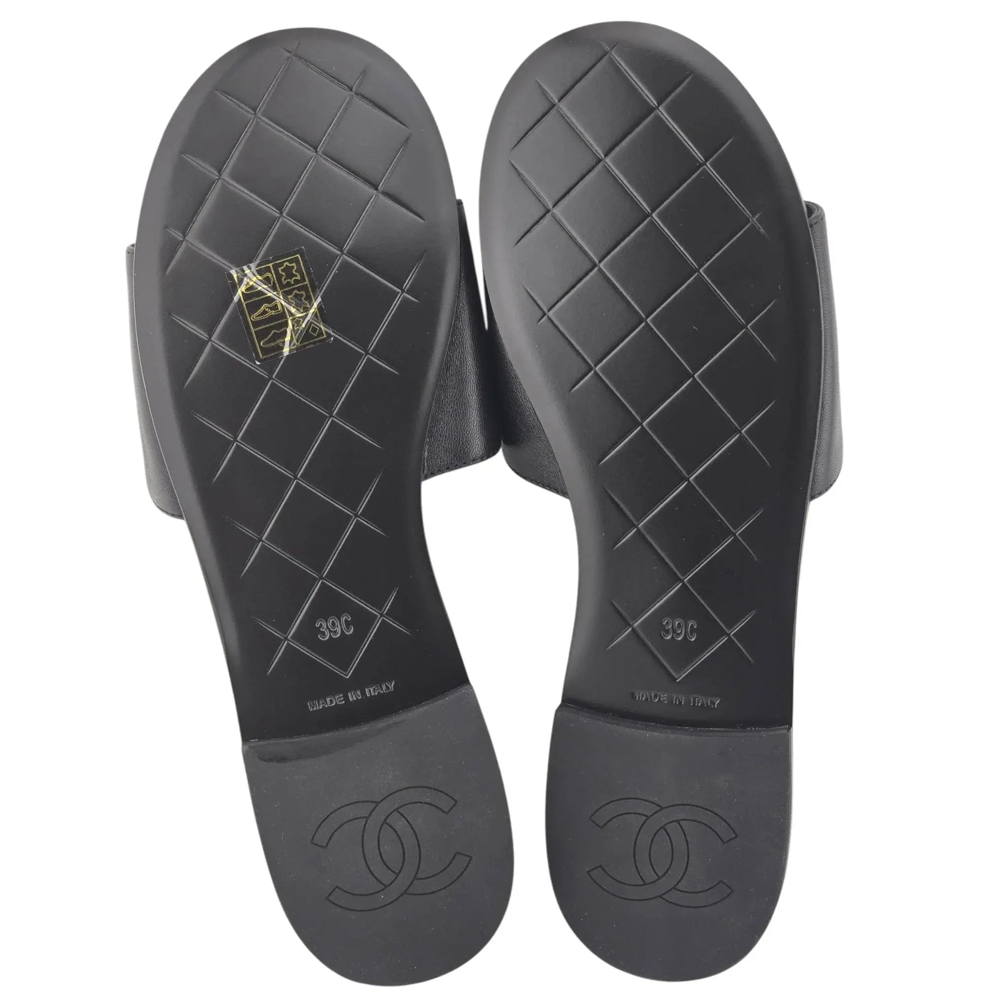 Chanel CC Lambskin Quilted Turnlock Black Gold Sandals 39 CHANEL