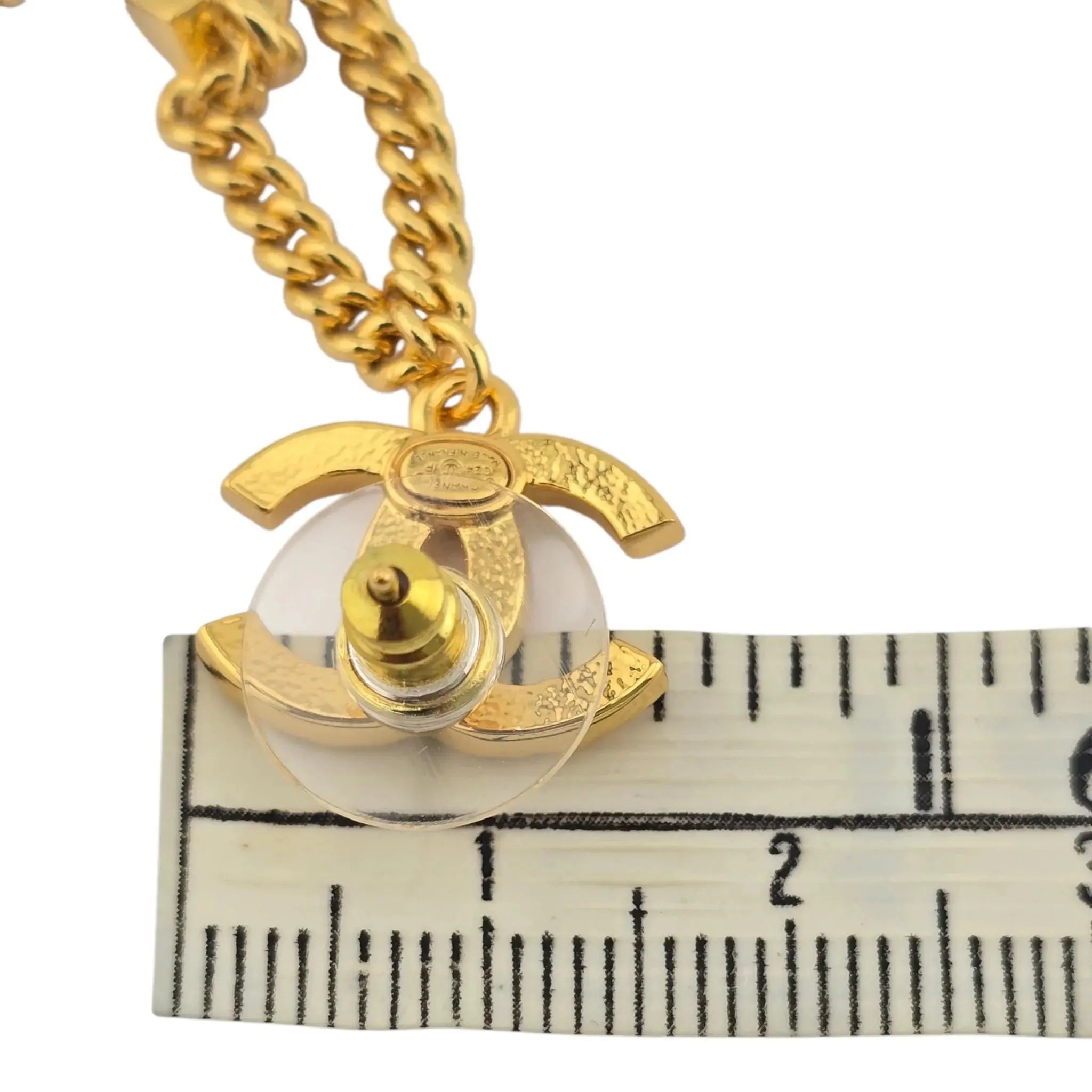 Chanel CC Crystal Pearl Quilted Chain Drop Earrings Gold CHANEL