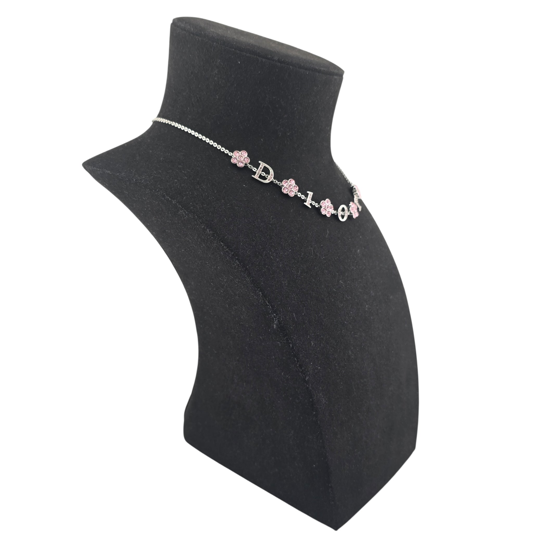 Christian Dior Crystal Flower Silver Pink Choker Necklace DIOR