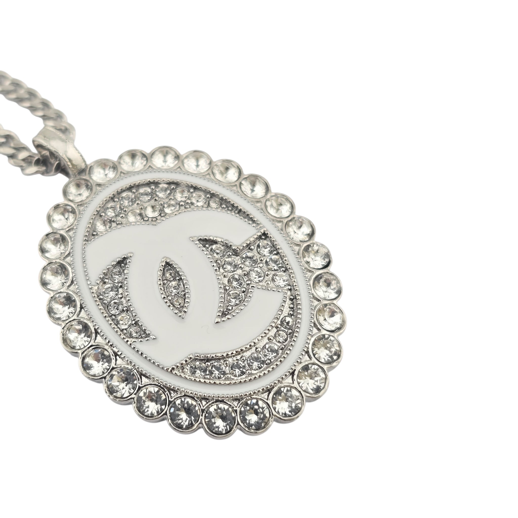 Chanel CC Silver Crystal Oval Pendant Necklace 2025 CHANEL