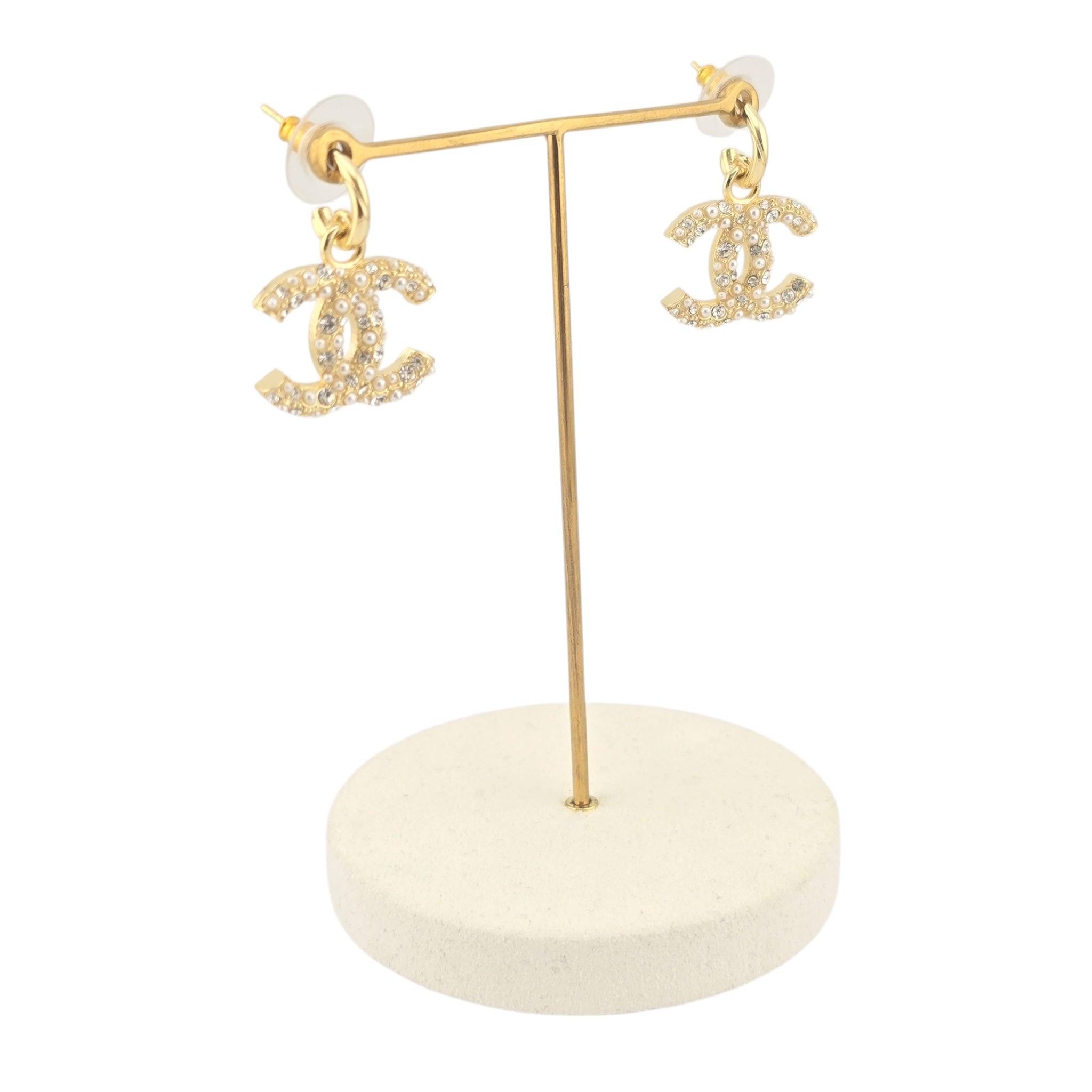 Chanel CC Gold Drop Crystal Faux Pearl Earrings 2022 CHANEL
