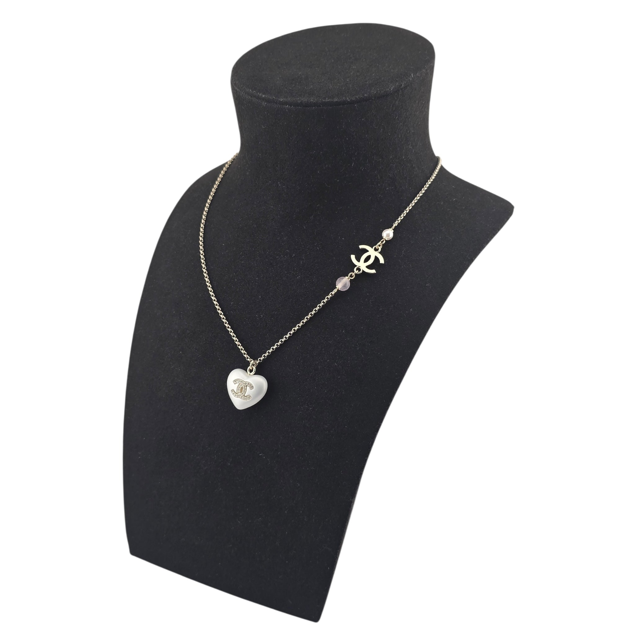 Chanel CC Pearl Crystal Heart Gold Necklace A21