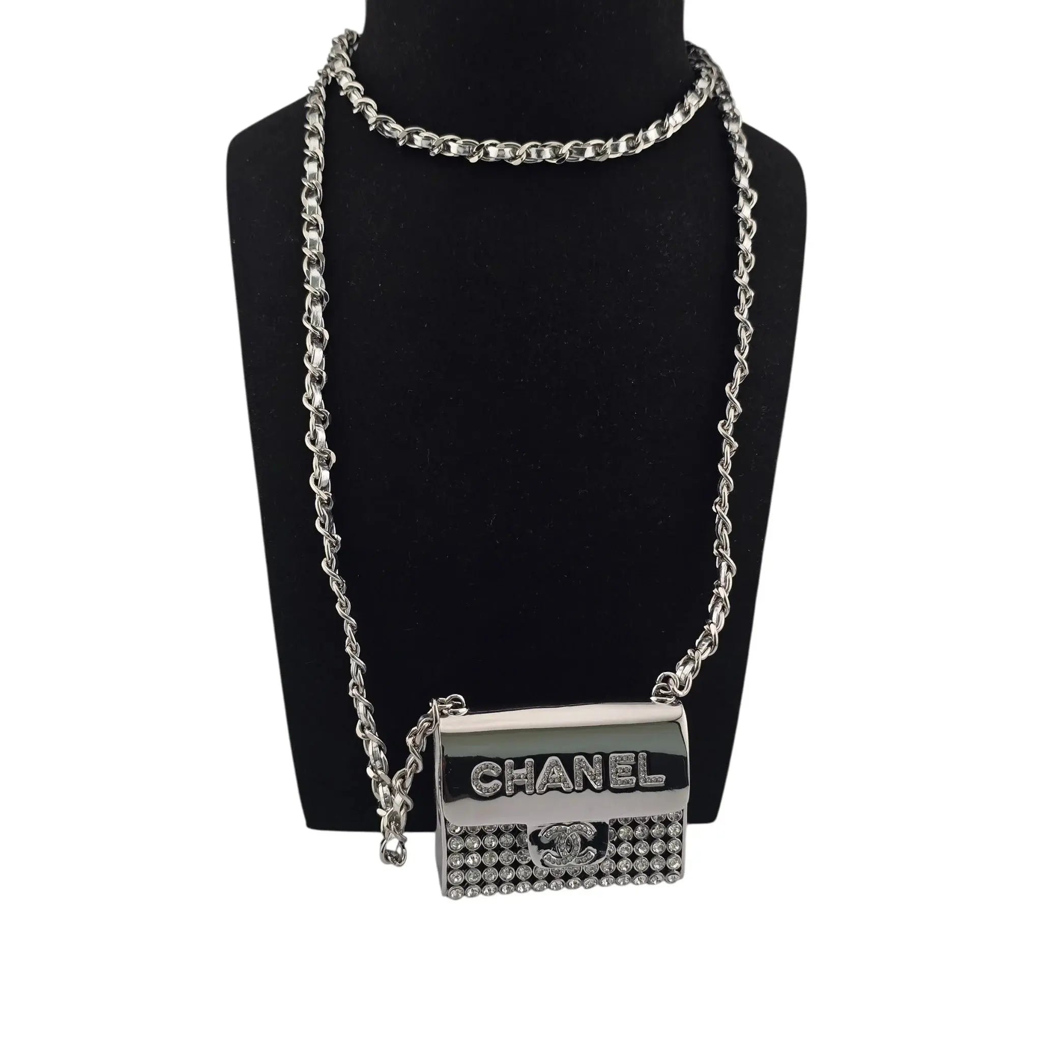 Chanel CC Metal Lambskin Strass Crystal Mini Bag Long Necklace Silver CHANEL