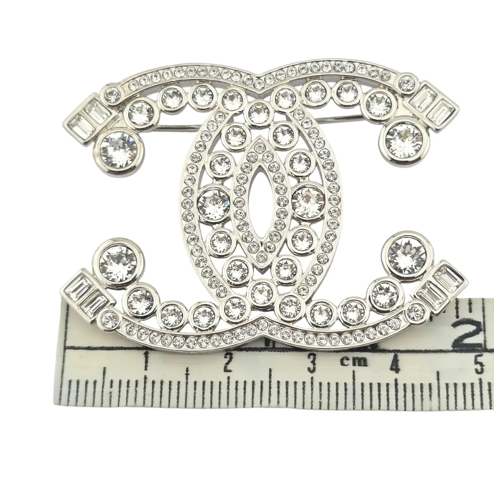 Chanel CC Metal Crystal Brooch Silver 2023 CHANEL