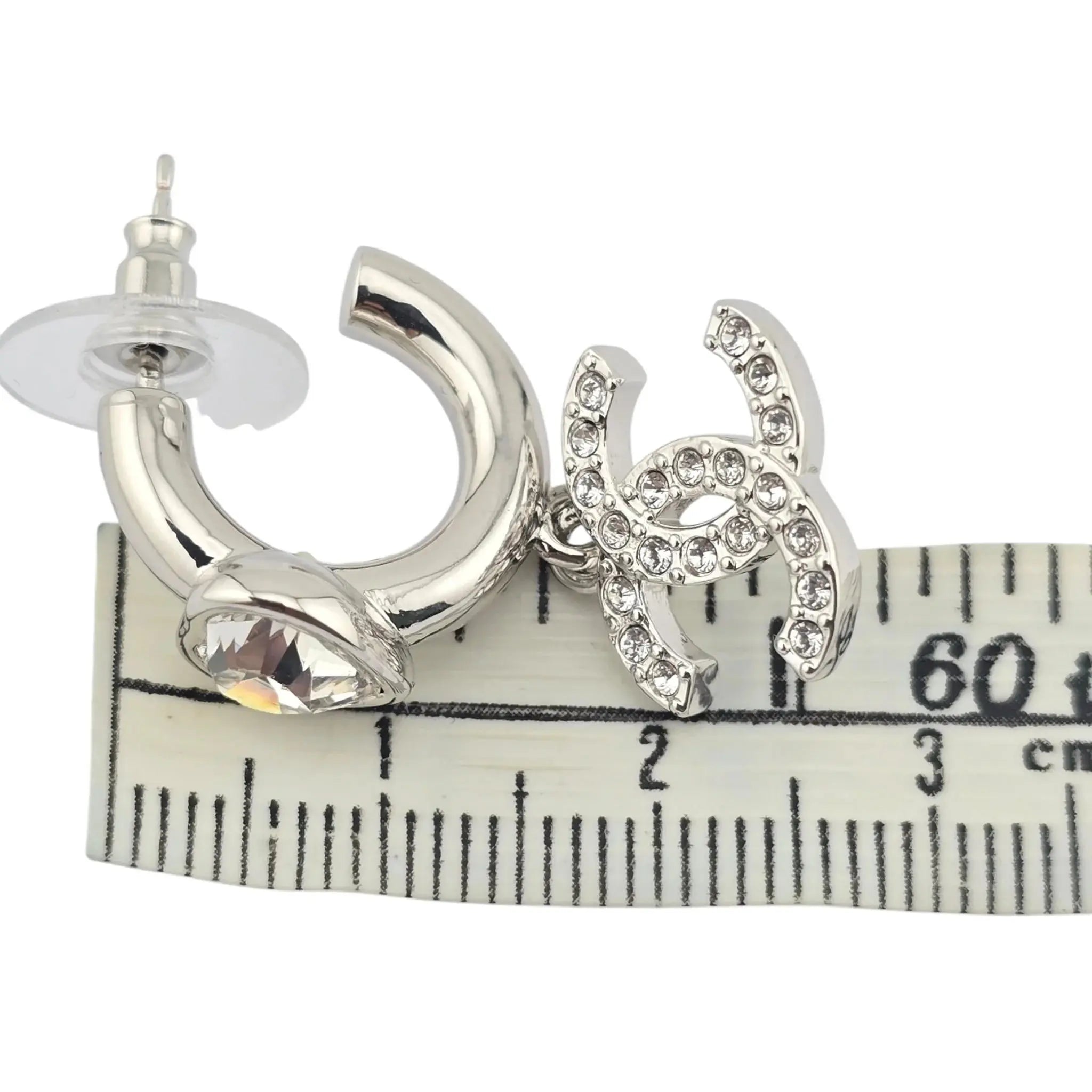 Chanel CC Crystal Heart Drop Silver Earrings 2025 CHANEL