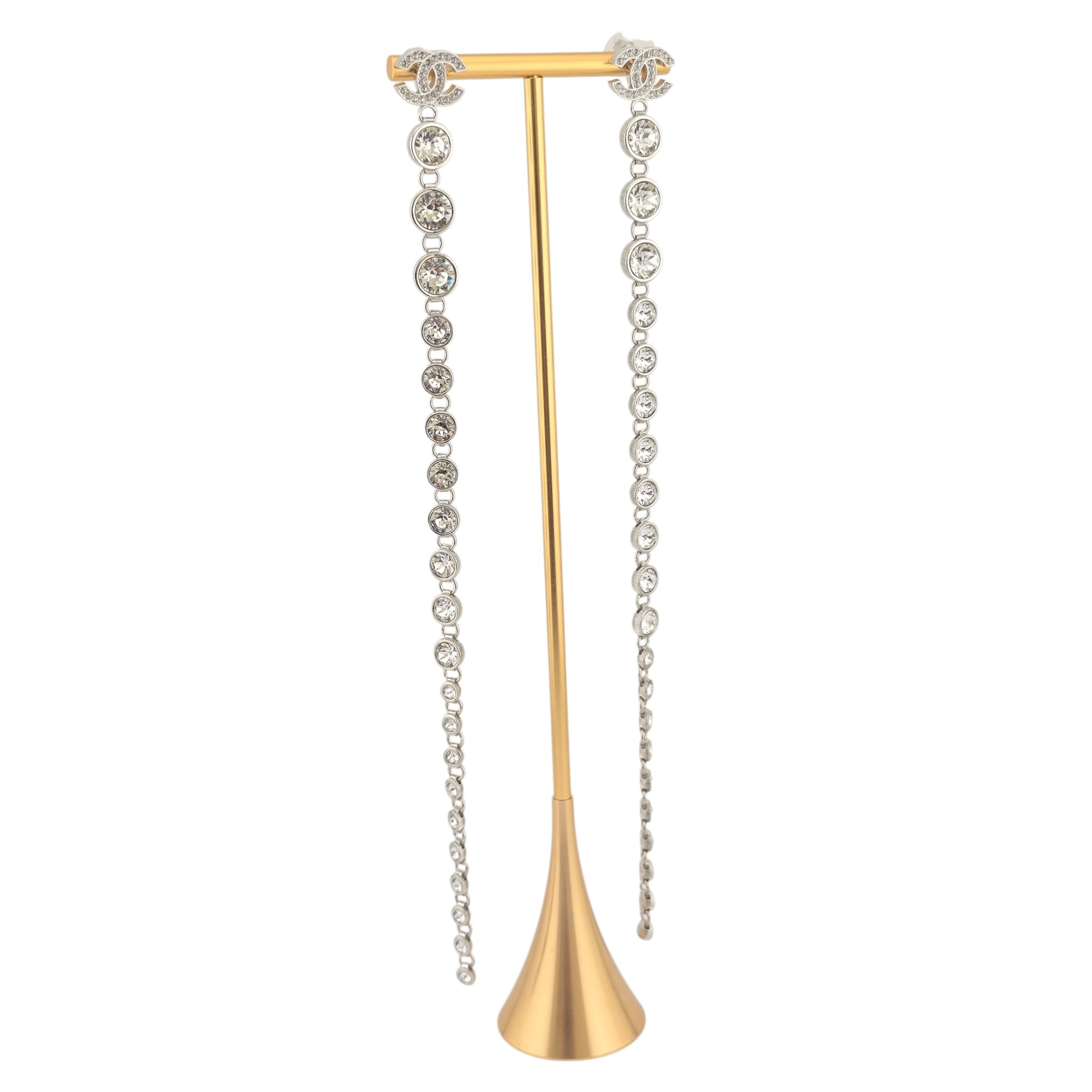 Chanel CC Crystal Long Drop Silver Earrings 23SS CHANEL