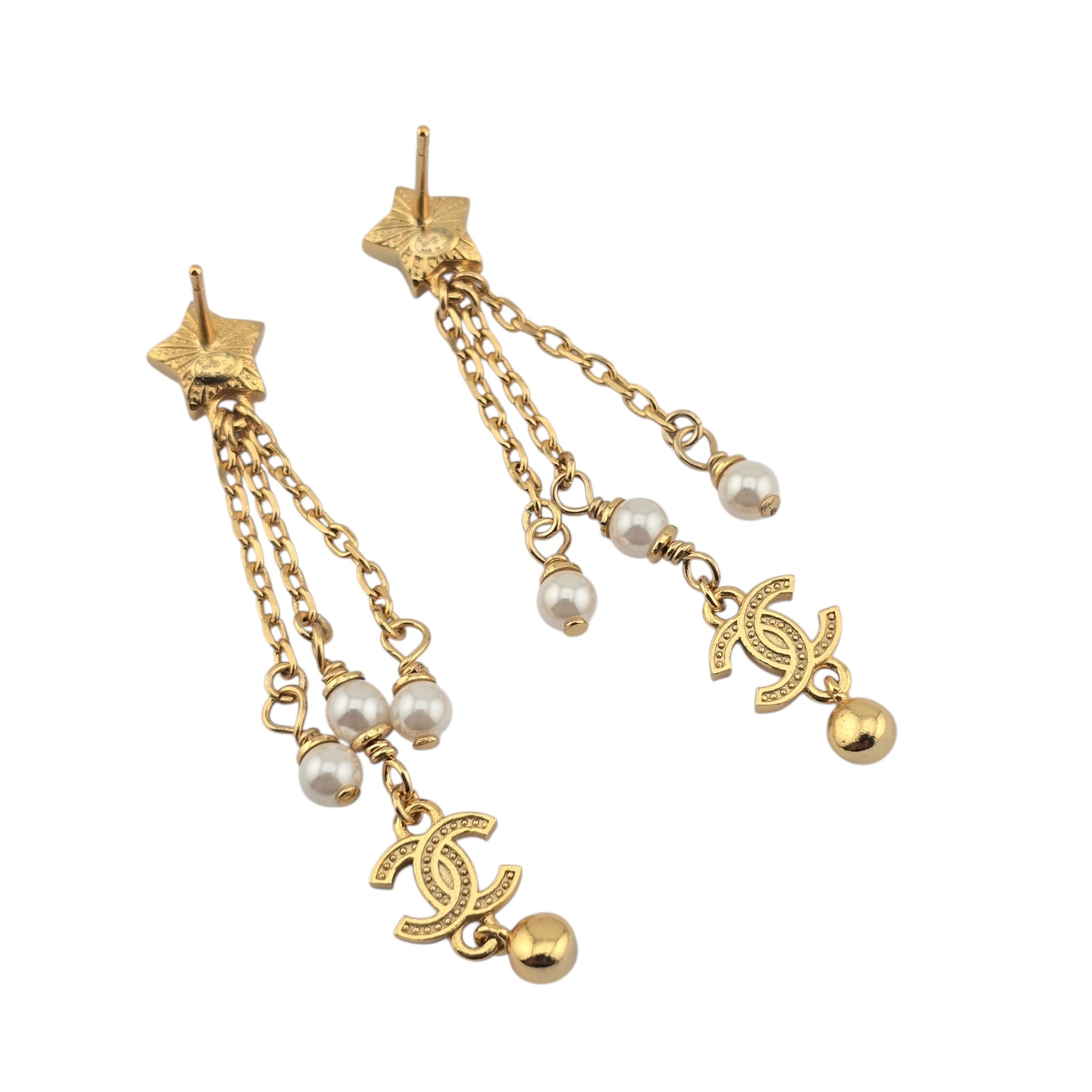 Chanel CC Faux Pearl Star Dangle Gold Earrings 2024