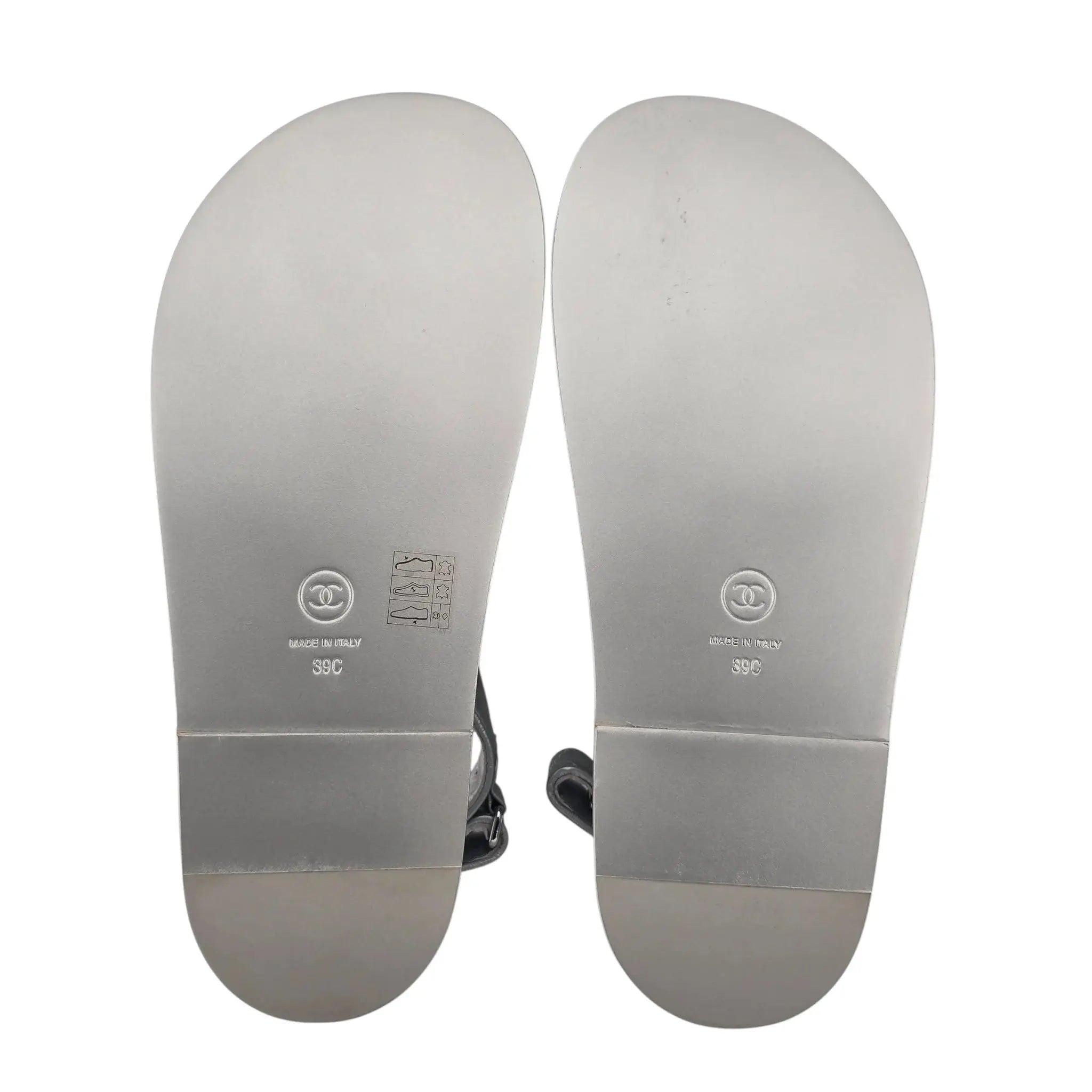 Chanel CC Silver Metallic Leather Dad Sandals CHANEL