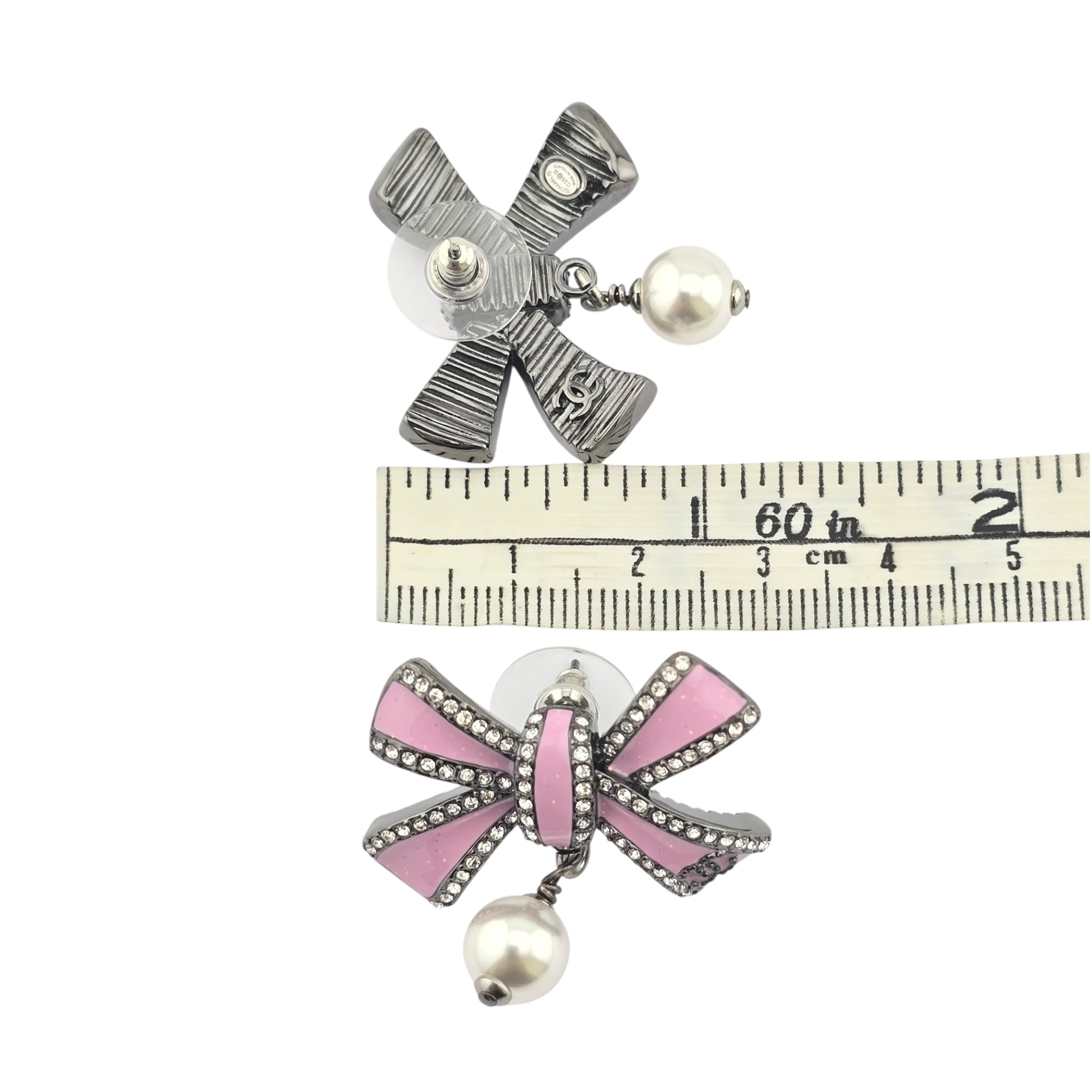 Chanel CC Silver Crystal Enamel Bow Earrings 2025
