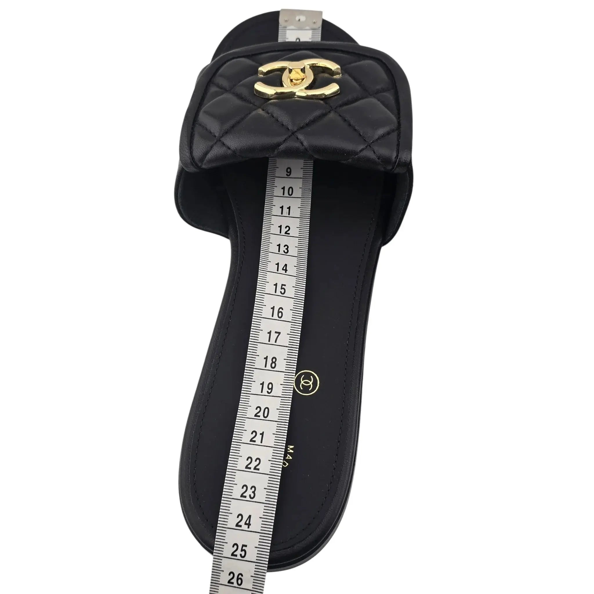 Chanel CC Lambskin Quilted Turnlock Black Gold Sandals 39 CHANEL