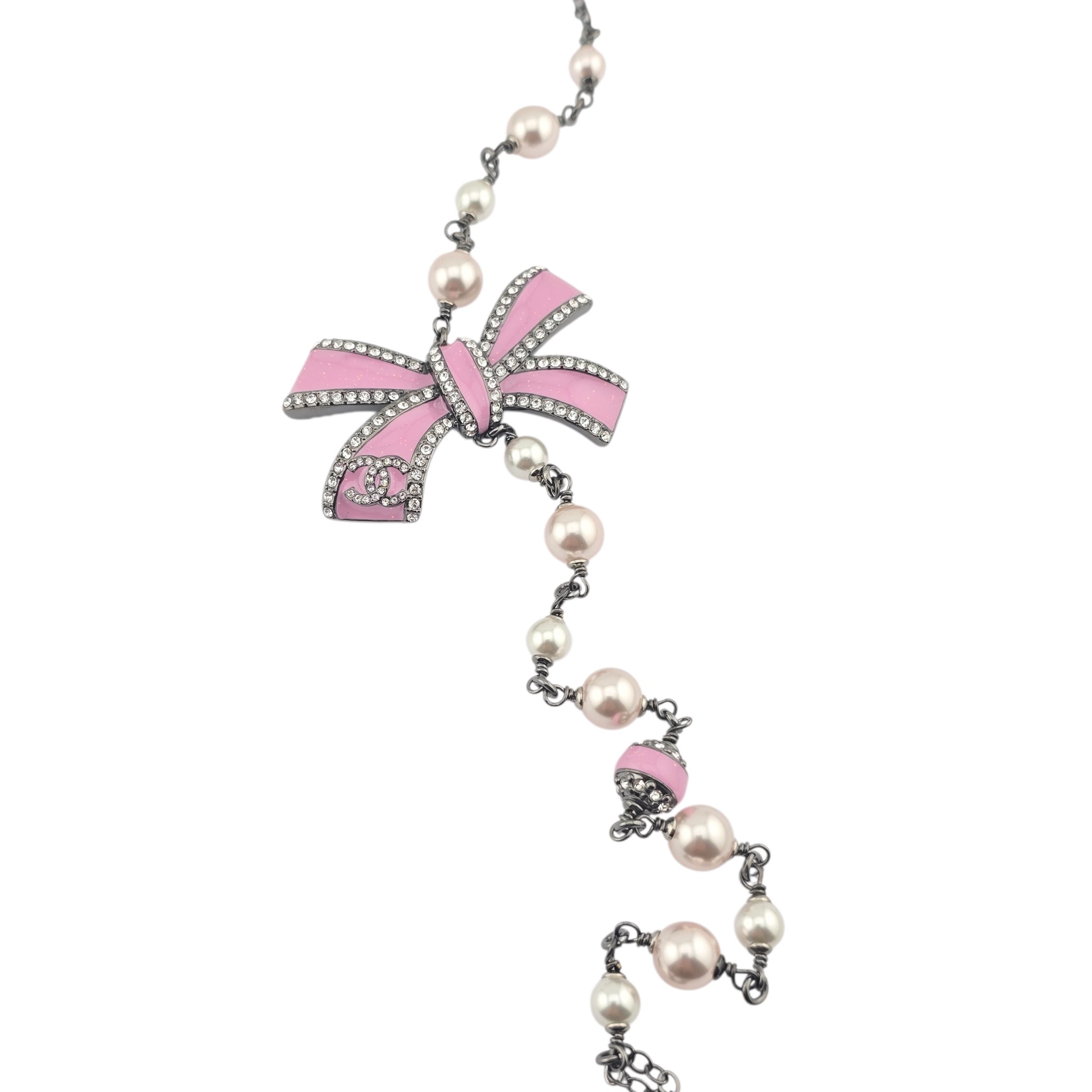 Chanel CC Long Ruthenium Pink Bow Necklace 2025 CHANEL