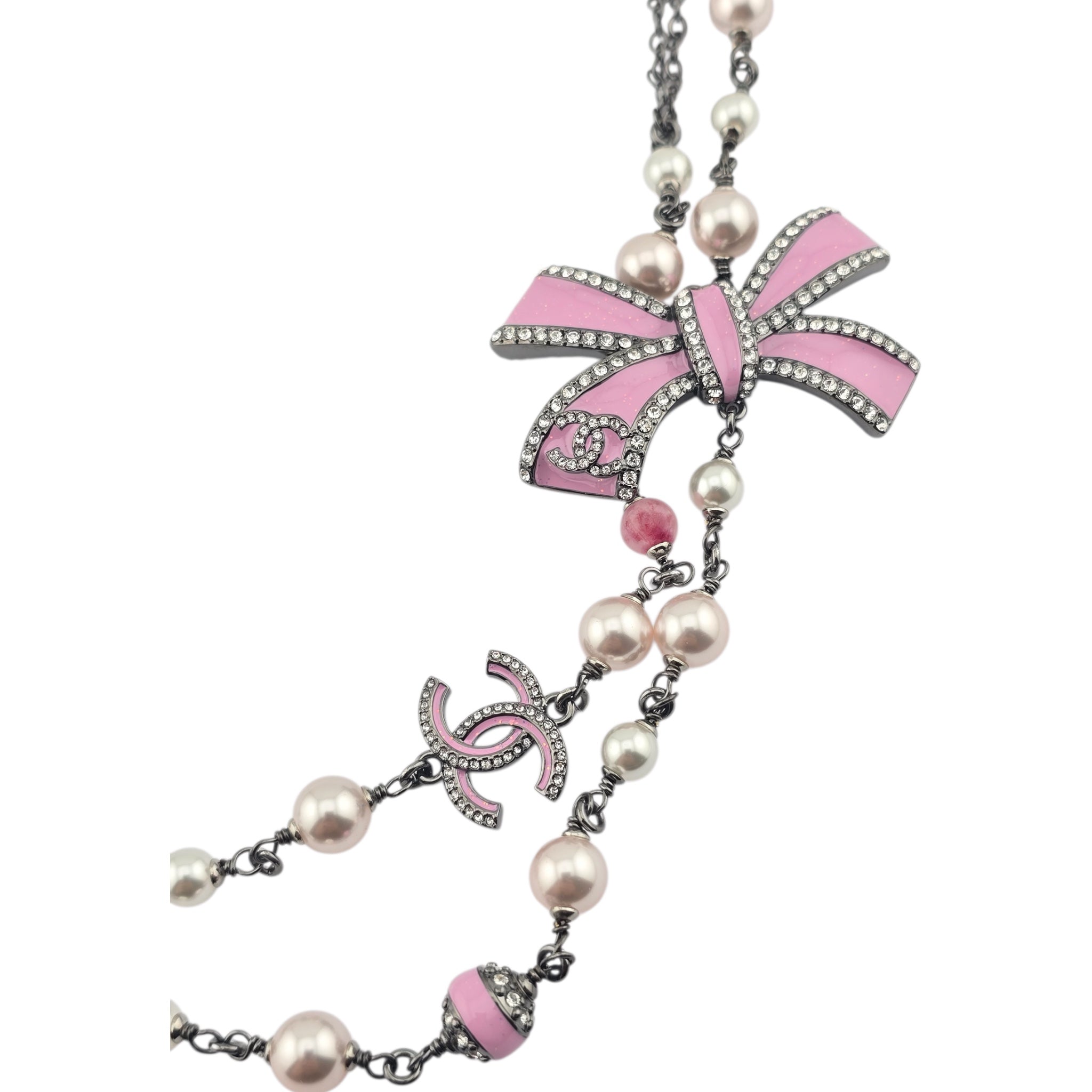 Chanel CC Long Ruthenium Pink Bow Necklace 2025 CHANEL