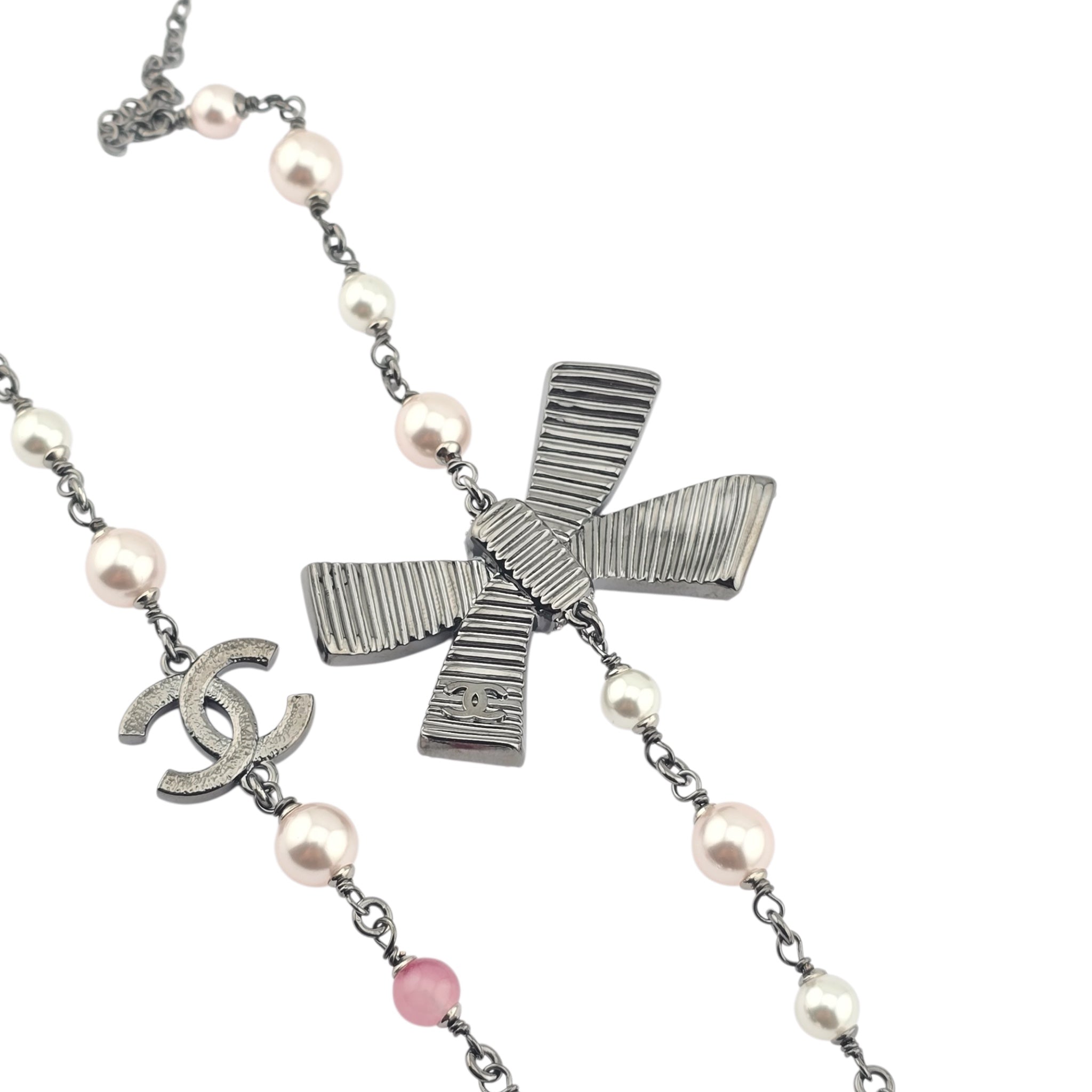 Chanel CC Long Ruthenium Pink Bow Necklace 2025 CHANEL