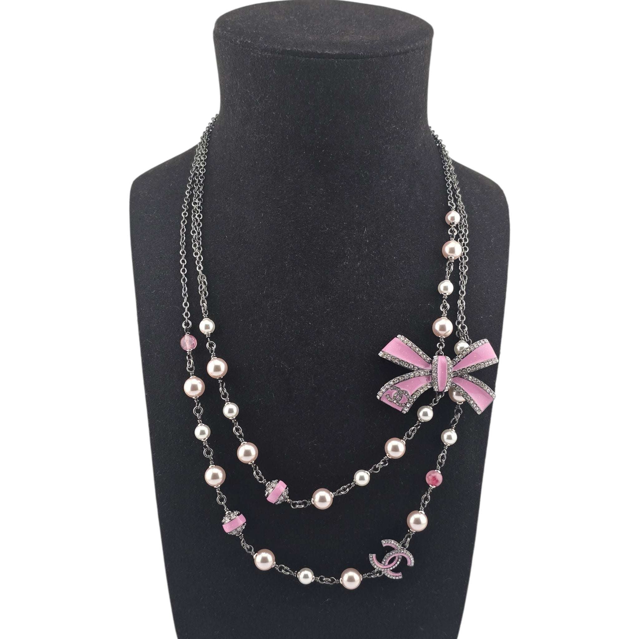 Chanel CC Long Ruthenium Pink Bow Necklace 2025 CHANEL