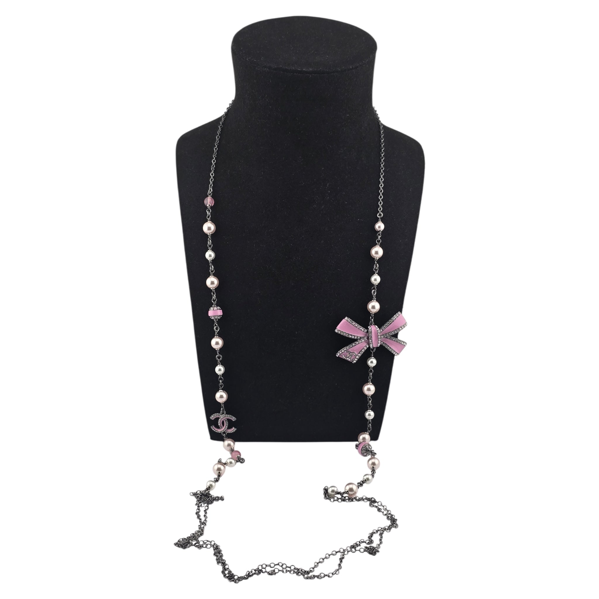 Chanel CC Long Ruthenium Pink Bow Necklace 2025 CHANEL