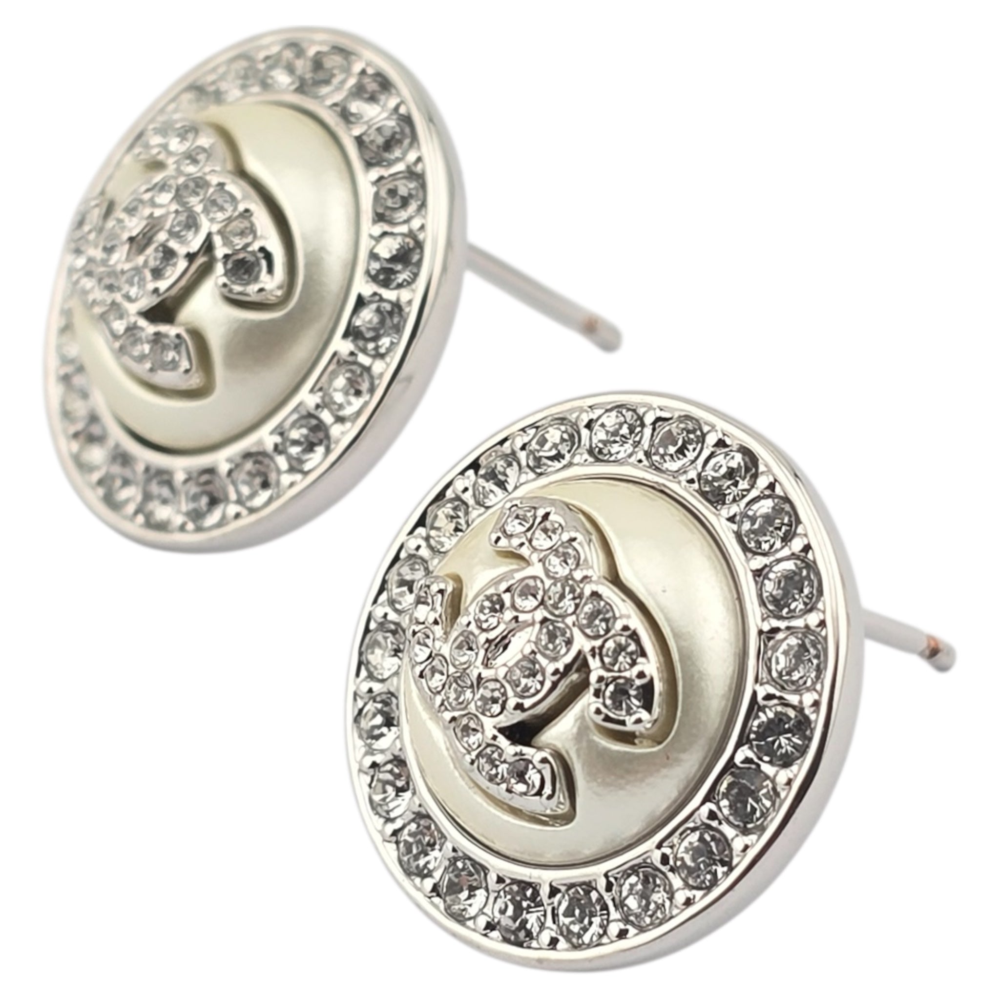 Chanel CC Pearl Crystal Round Earrings Silver 2025 CHANEL