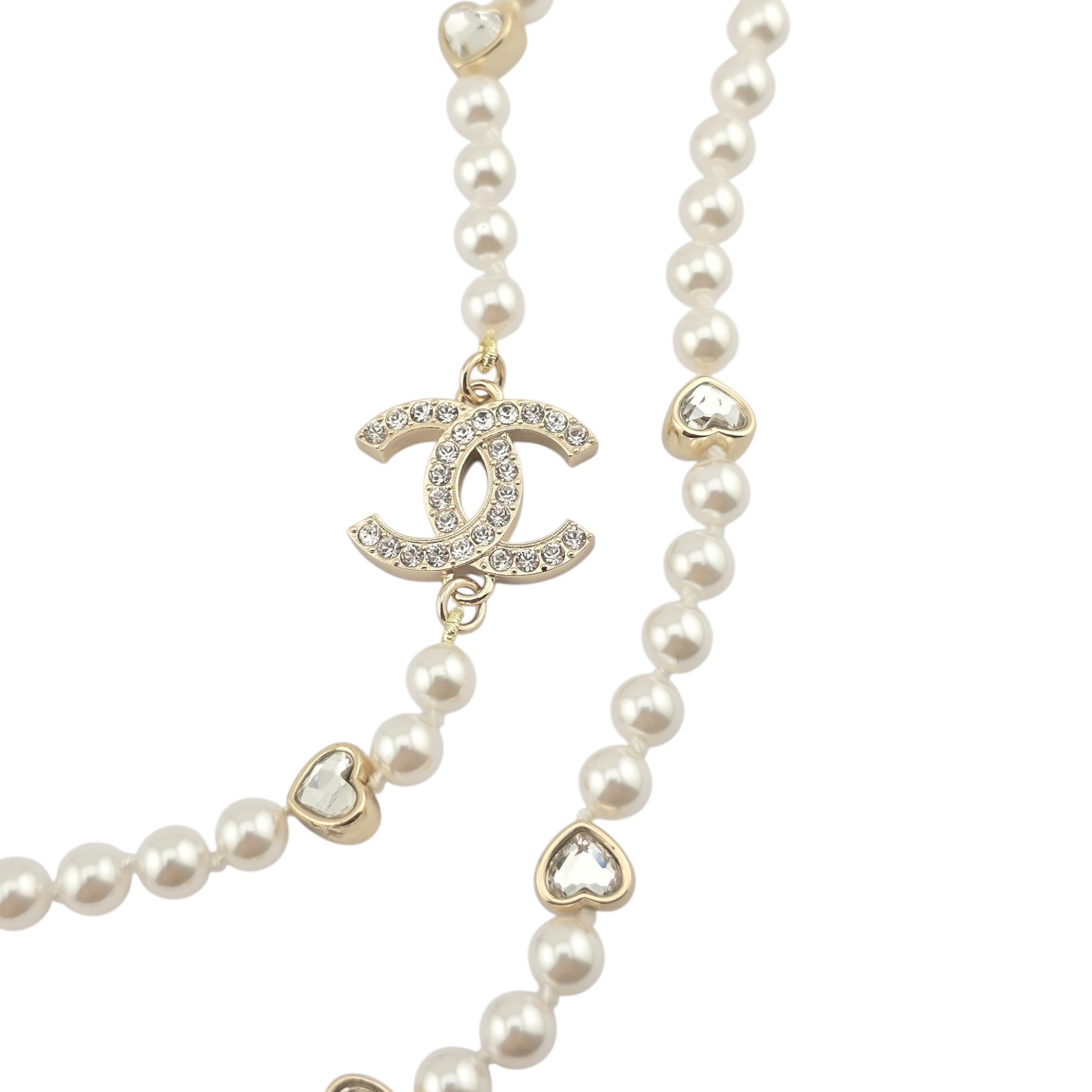 Chanel CC Faux Pearl Crystal Long Heart Necklace 2025 CHANEL