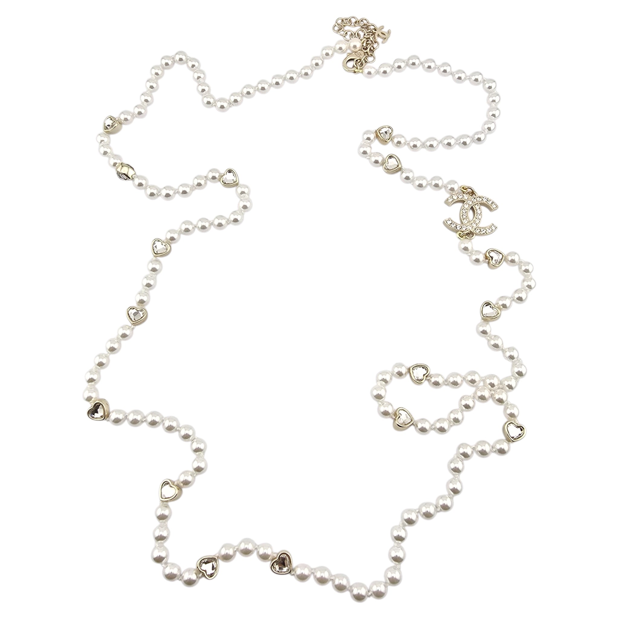 Chanel CC Faux Pearl Crystal Long Heart Necklace 2025 CHANEL