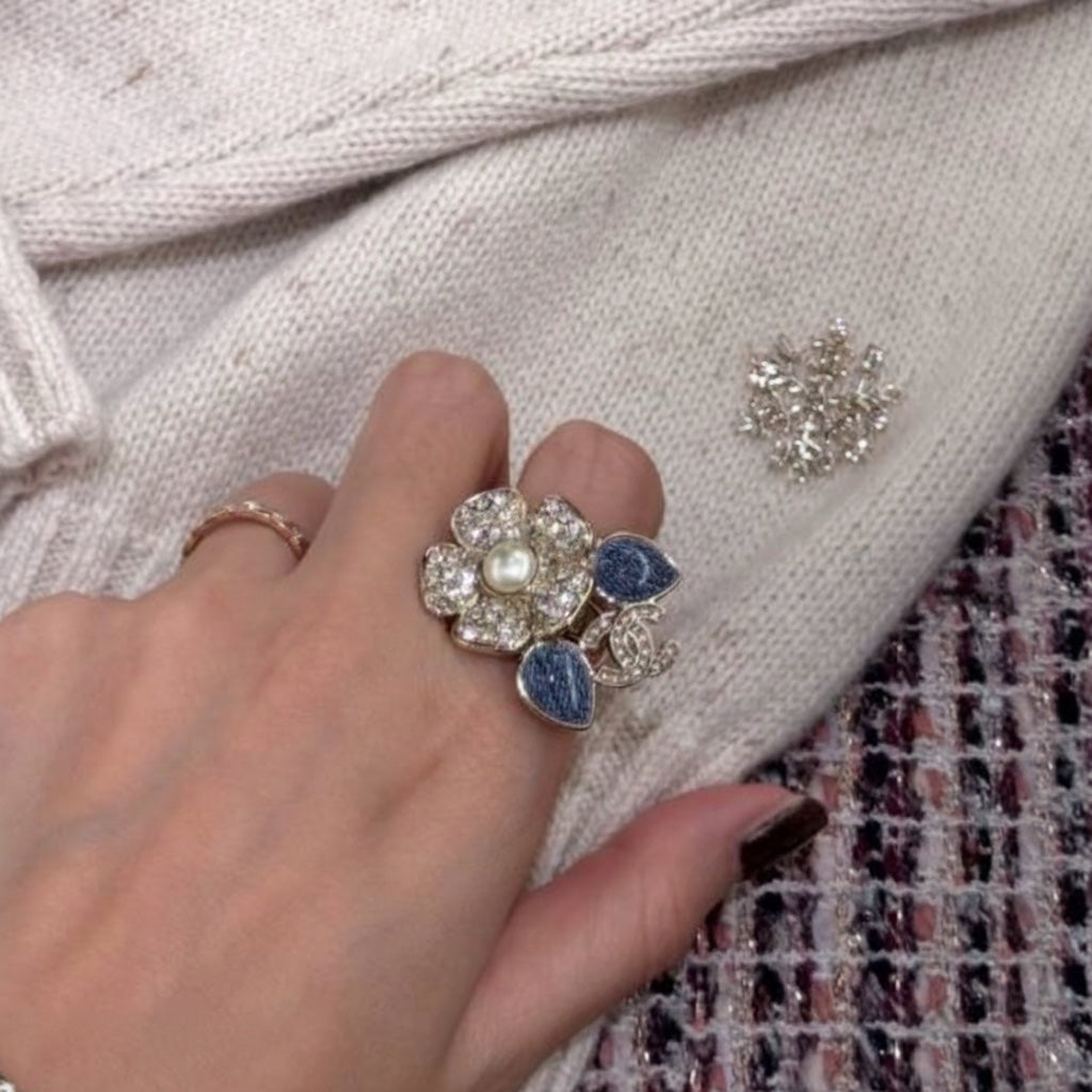 Chanel CC Blue Gold Flower Resin Denim Ring 2026 CHANEL