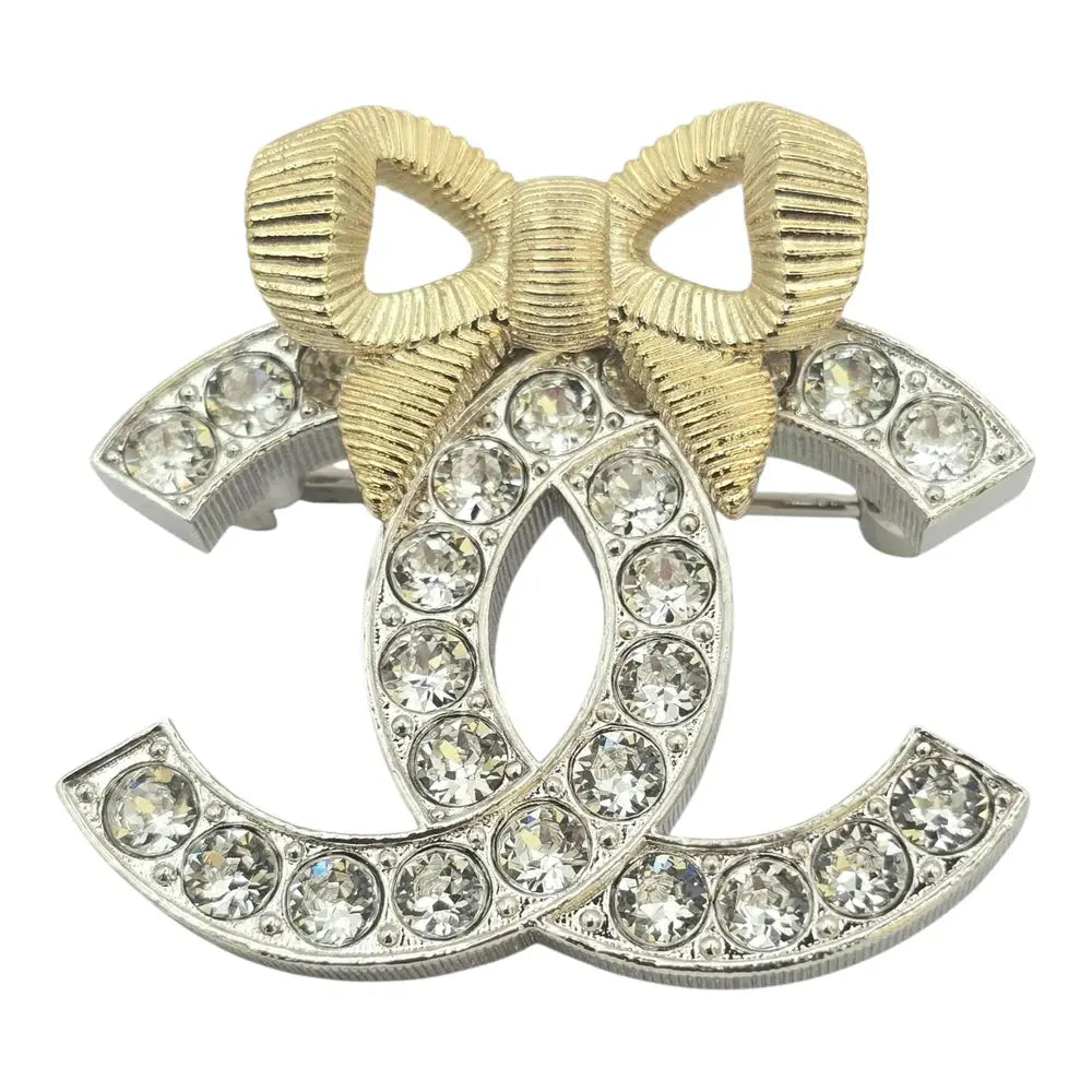 Chanel CC Gold/Silver Bow Crystal Brooch 2024 CHANEL