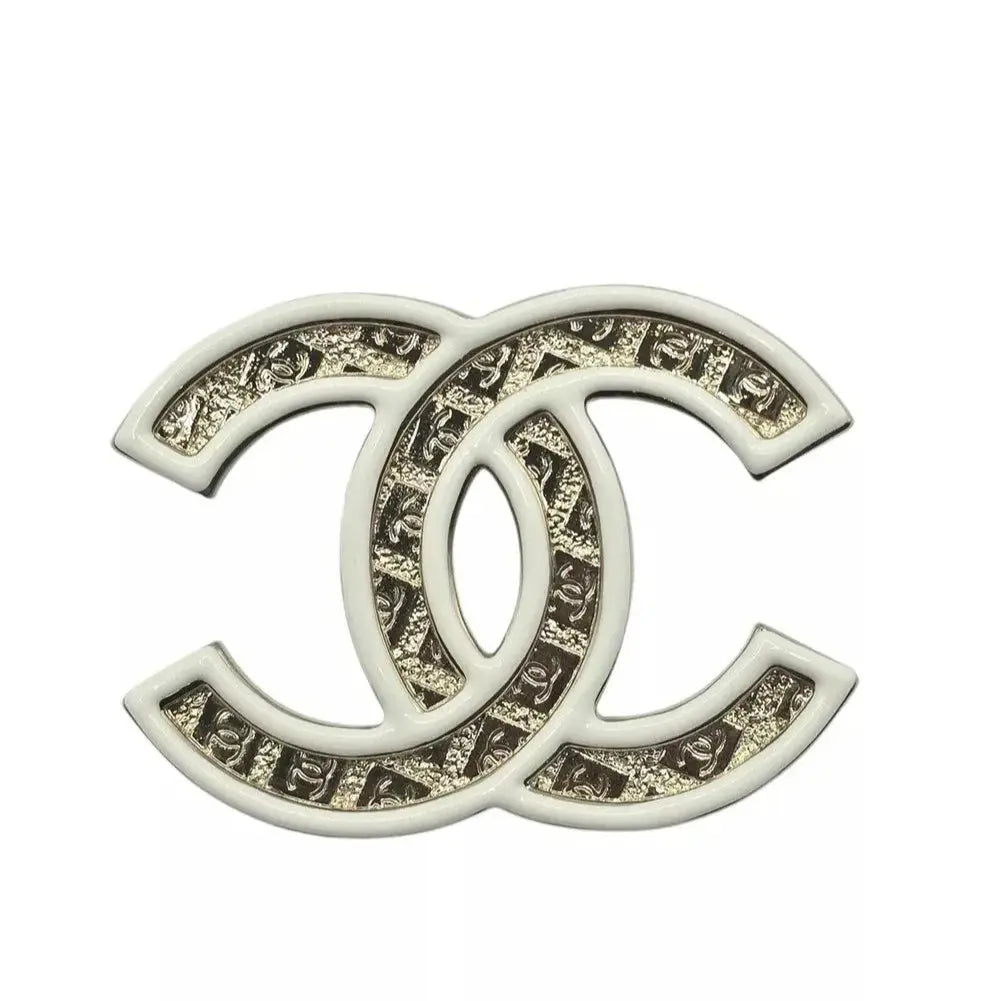 Chanel CC Gold/White Enamel Engraved Brooch 2024 CHANEL