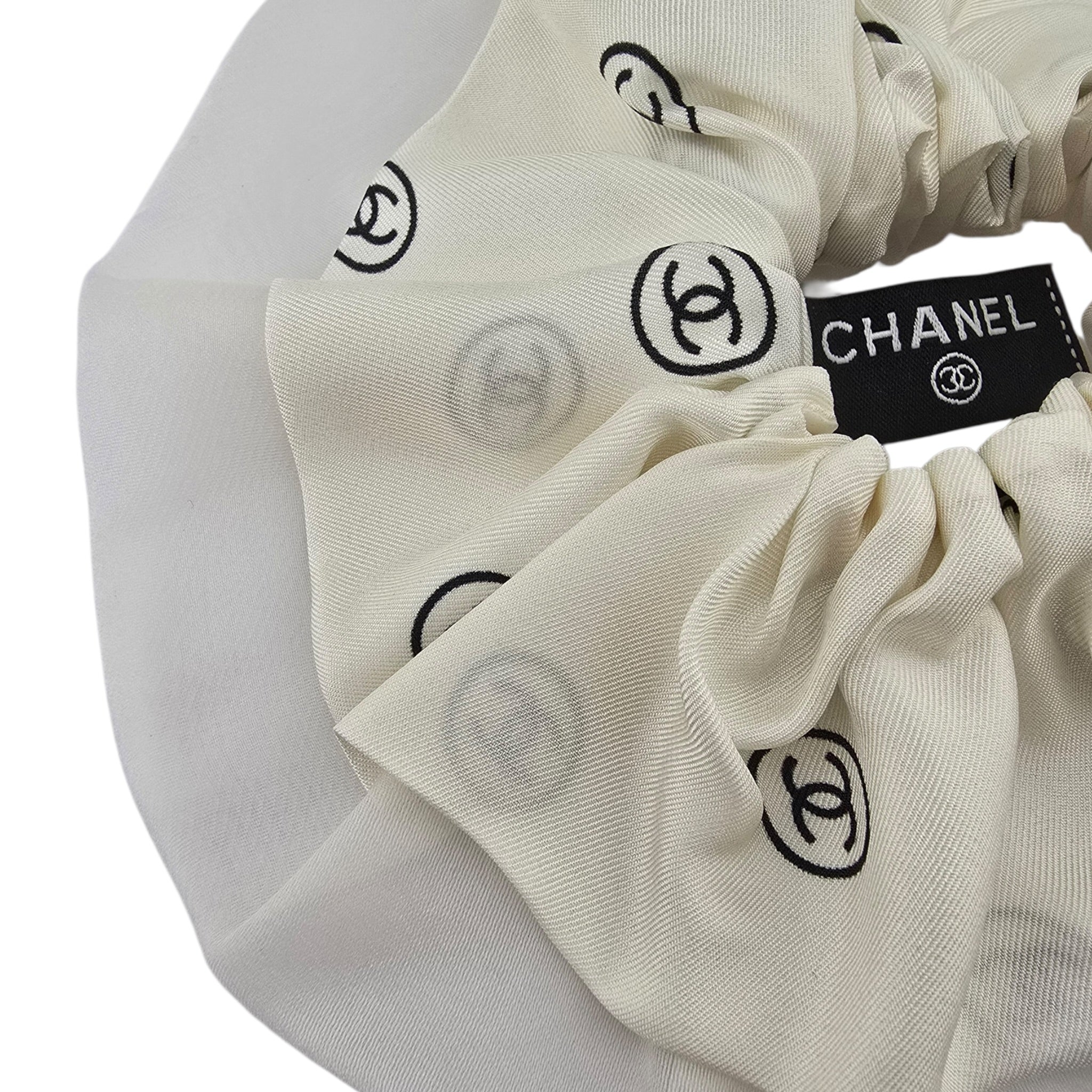 Chanel CC Silk Twill White Hair Scrunchie 25K CHANEL