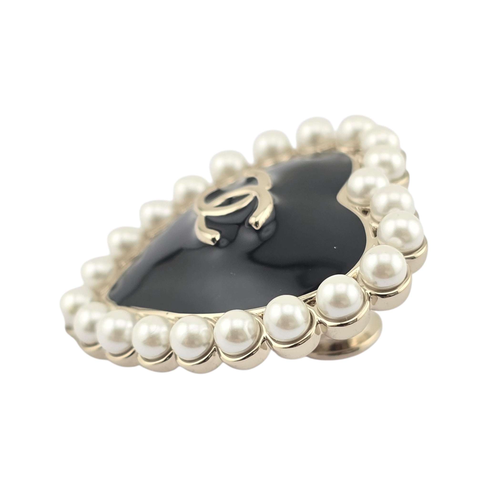 Chanel CC Black Gold Heart Faux Pearl Pin Brooch 2025 CHANEL
