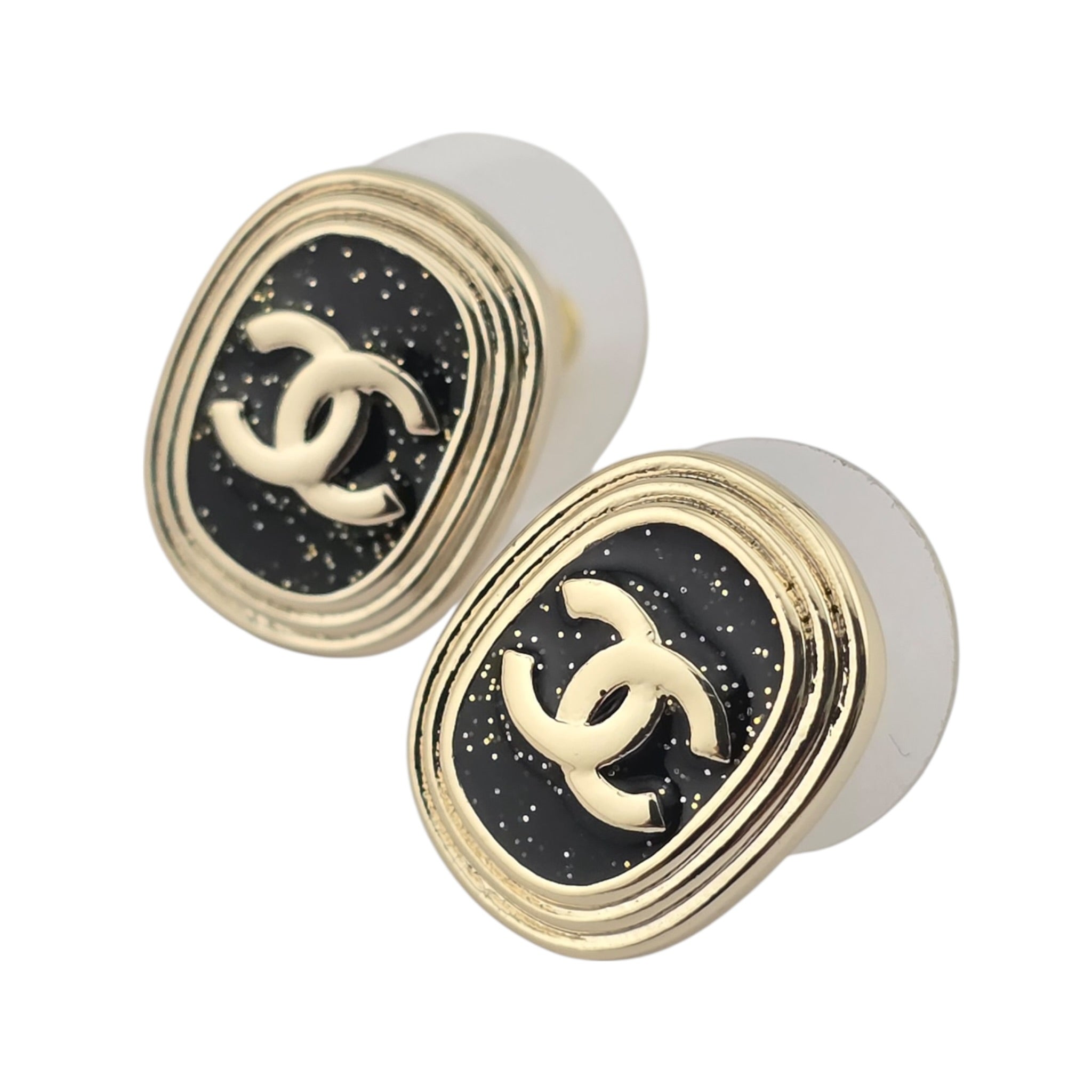 Chanel CC Resin Gold Black Earrings 25K CHANEL