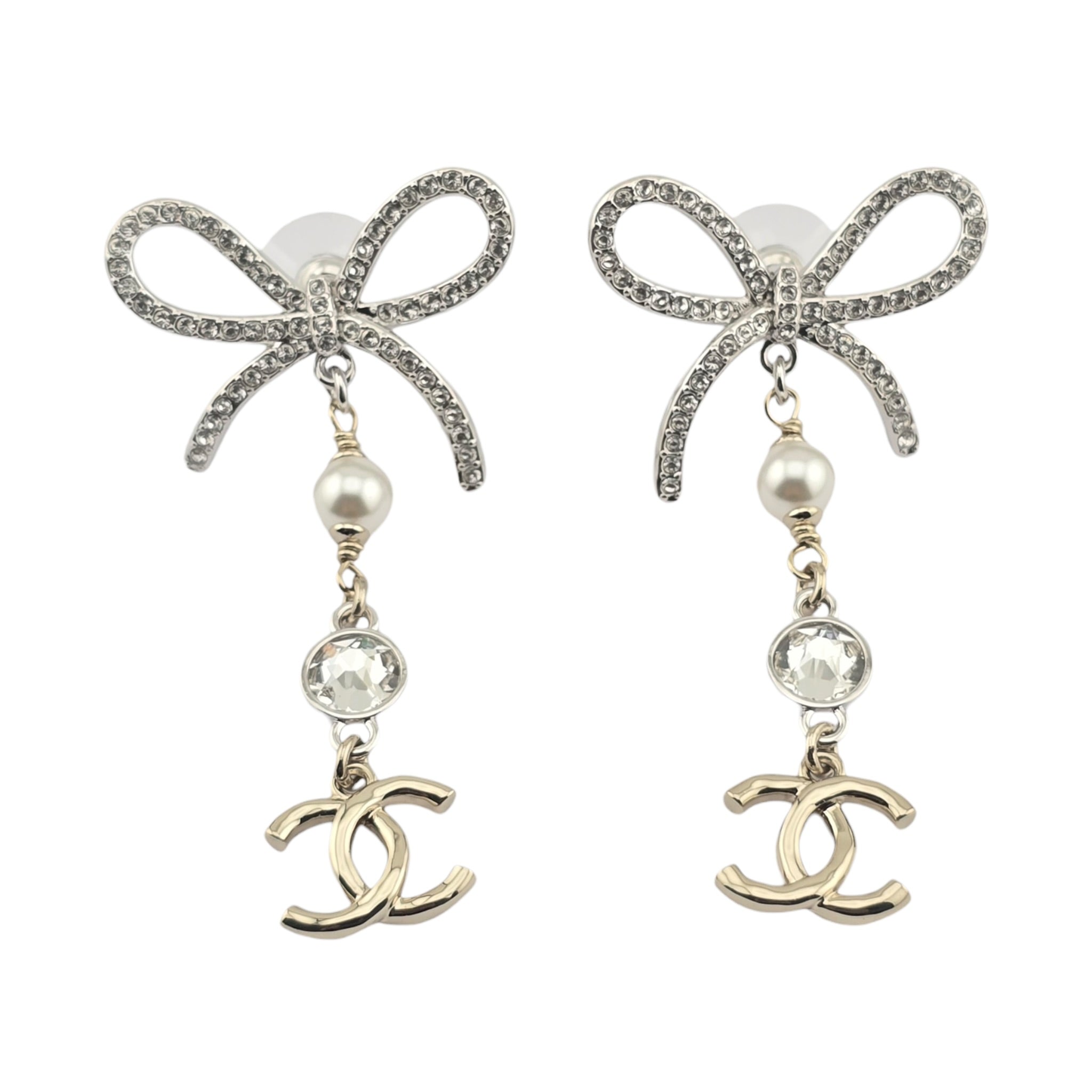 Chanel CC Crystal Bow Drop Earrings Gold 2025 CHANEL