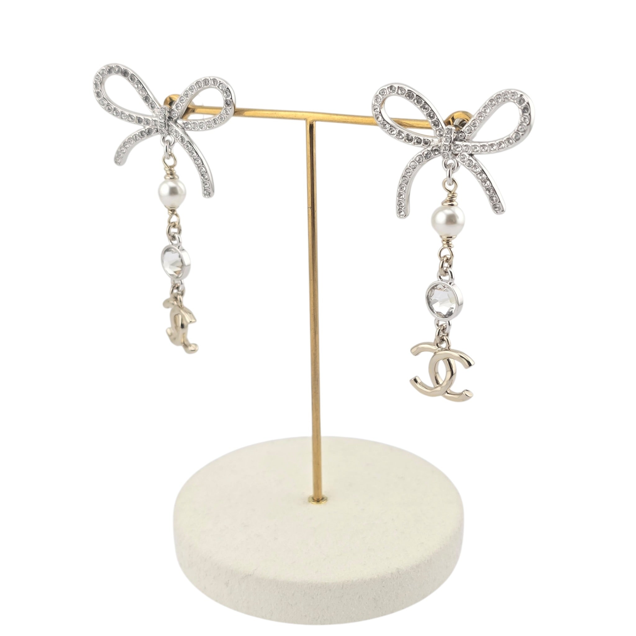 Chanel CC Crystal Bow Drop Earrings Gold 2025 CHANEL