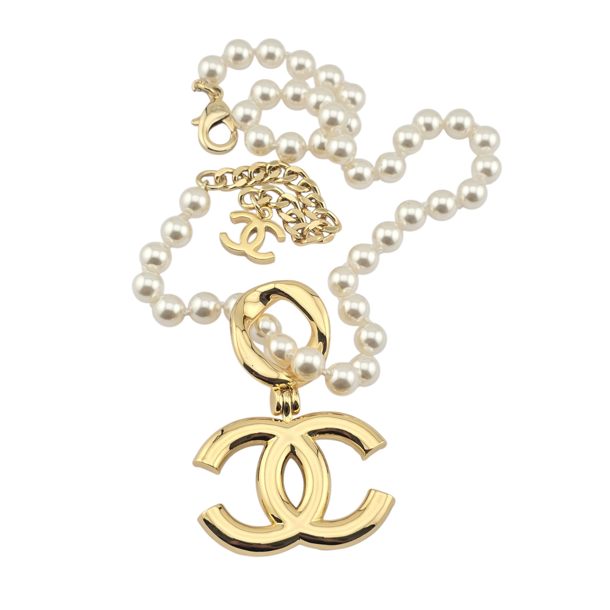 Chanel CC Faux Pearl Gold Pendant Necklace 2024 CHANEL
