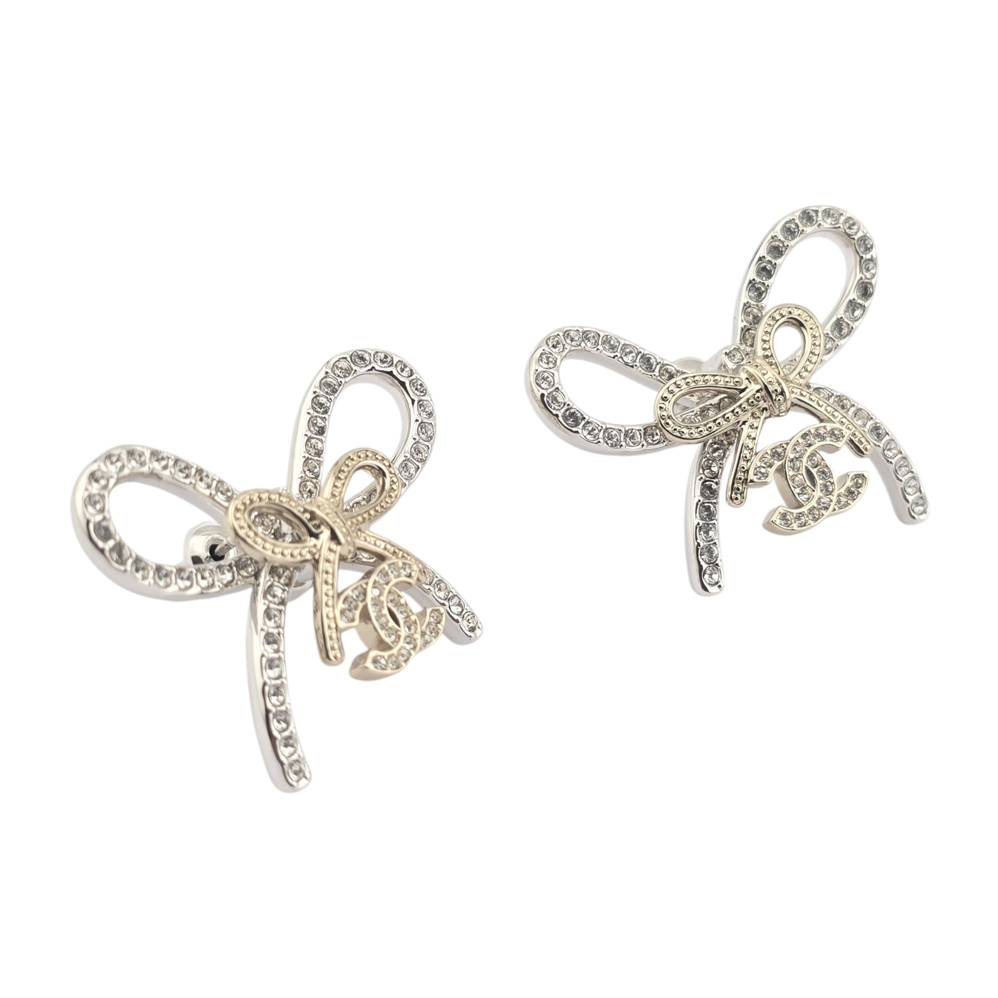 Chanel CC Crystal Bow Stud Earrings Gold 2025 CHANEL