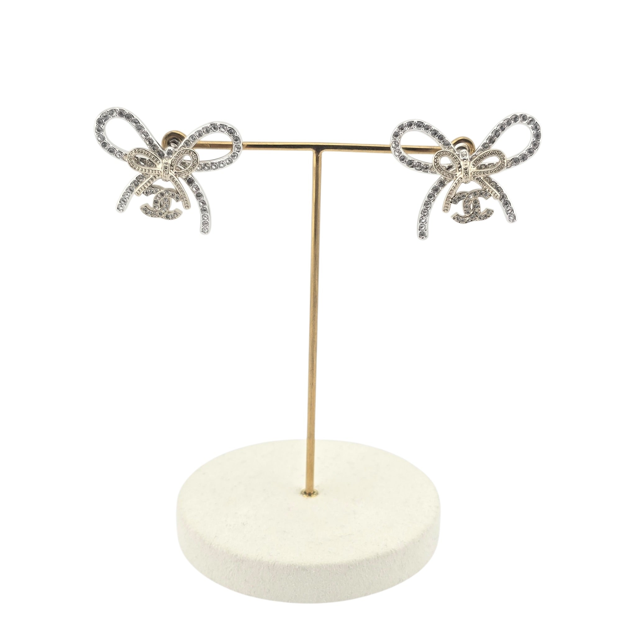 Chanel CC Crystal Bow Stud Earrings Gold 2025 CHANEL