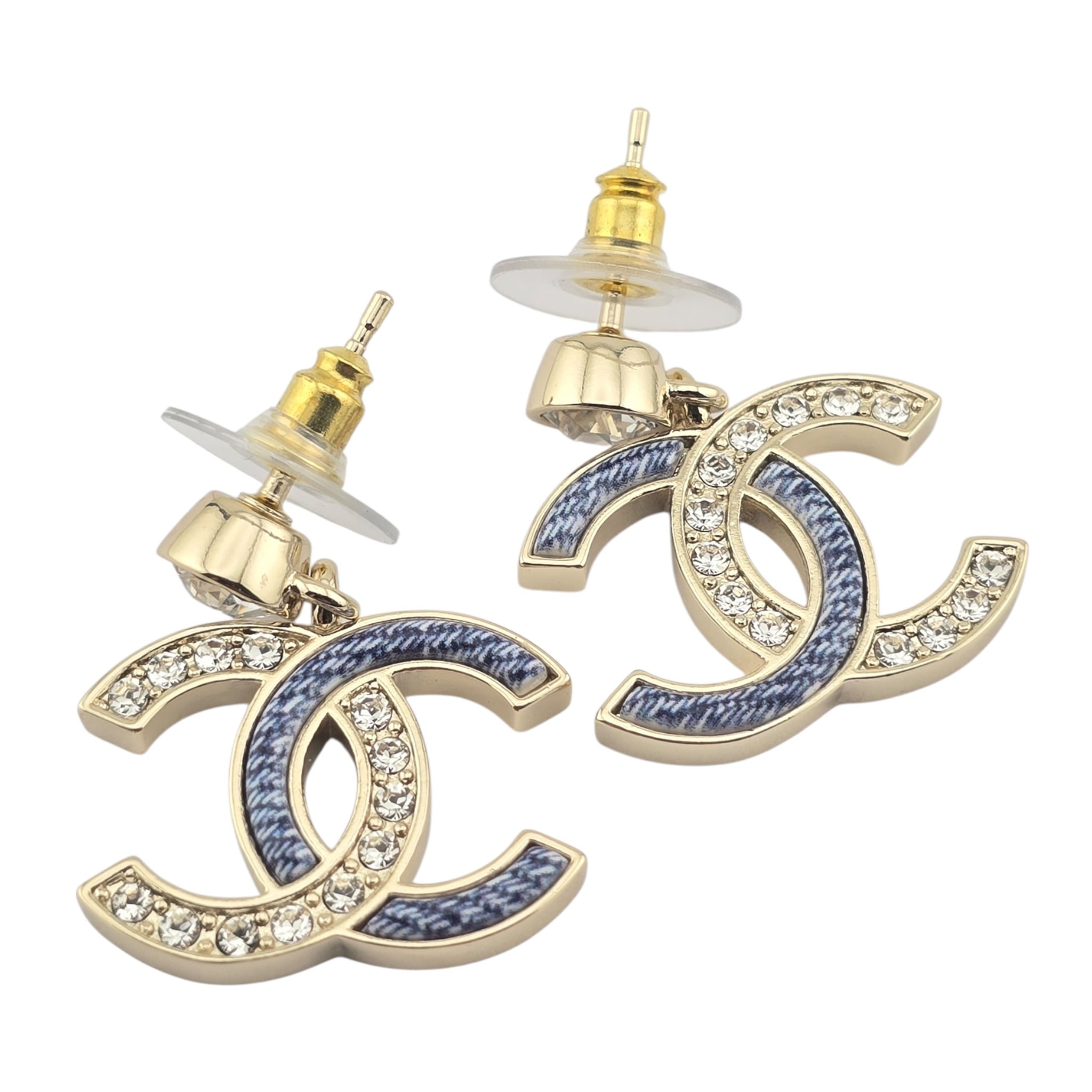 Chanel CC Enamel Crystal Denim Drop Earrings 2026 CHANEL