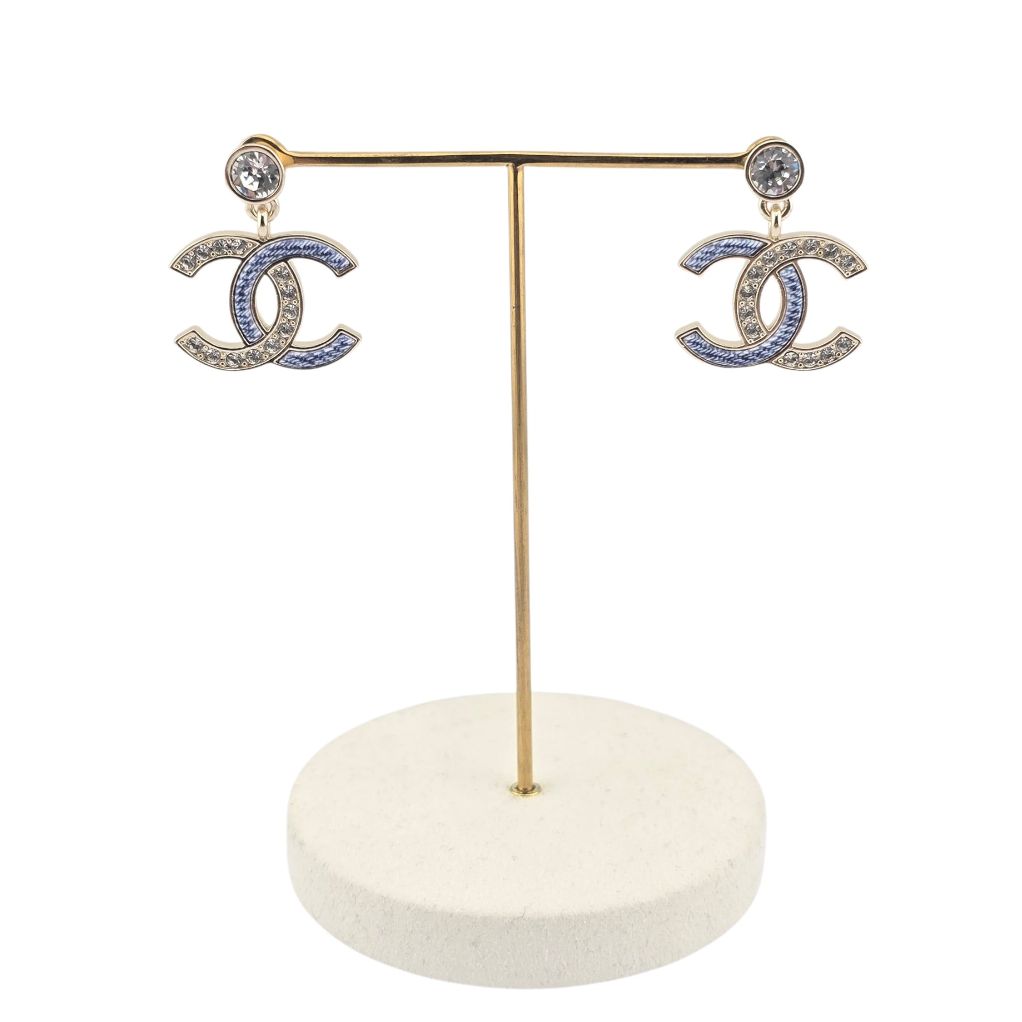Chanel CC Enamel Crystal Denim Drop Earrings 2026 CHANEL
