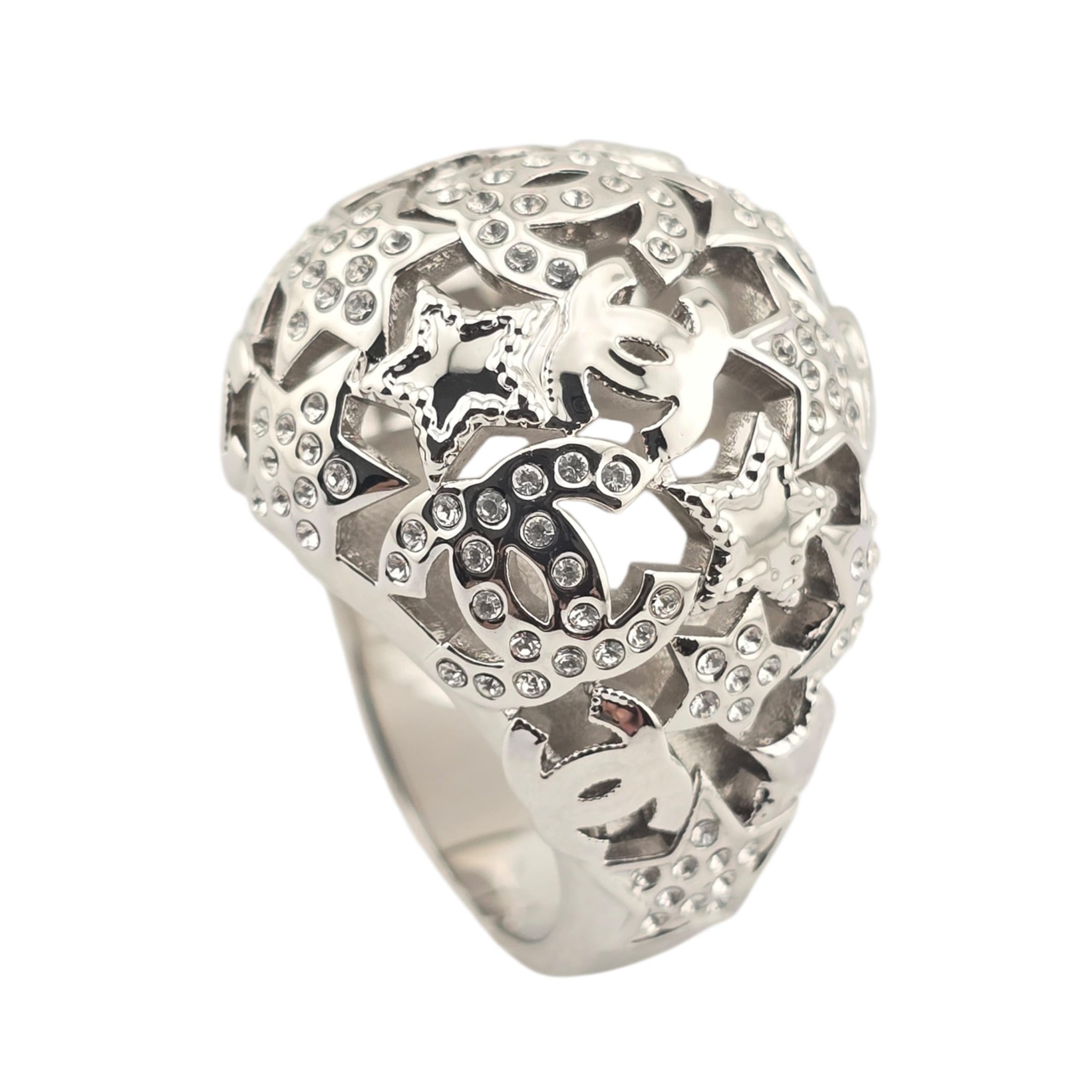 Chanel Metal Crystal Star CC Ring Silver 2025 CHANEL