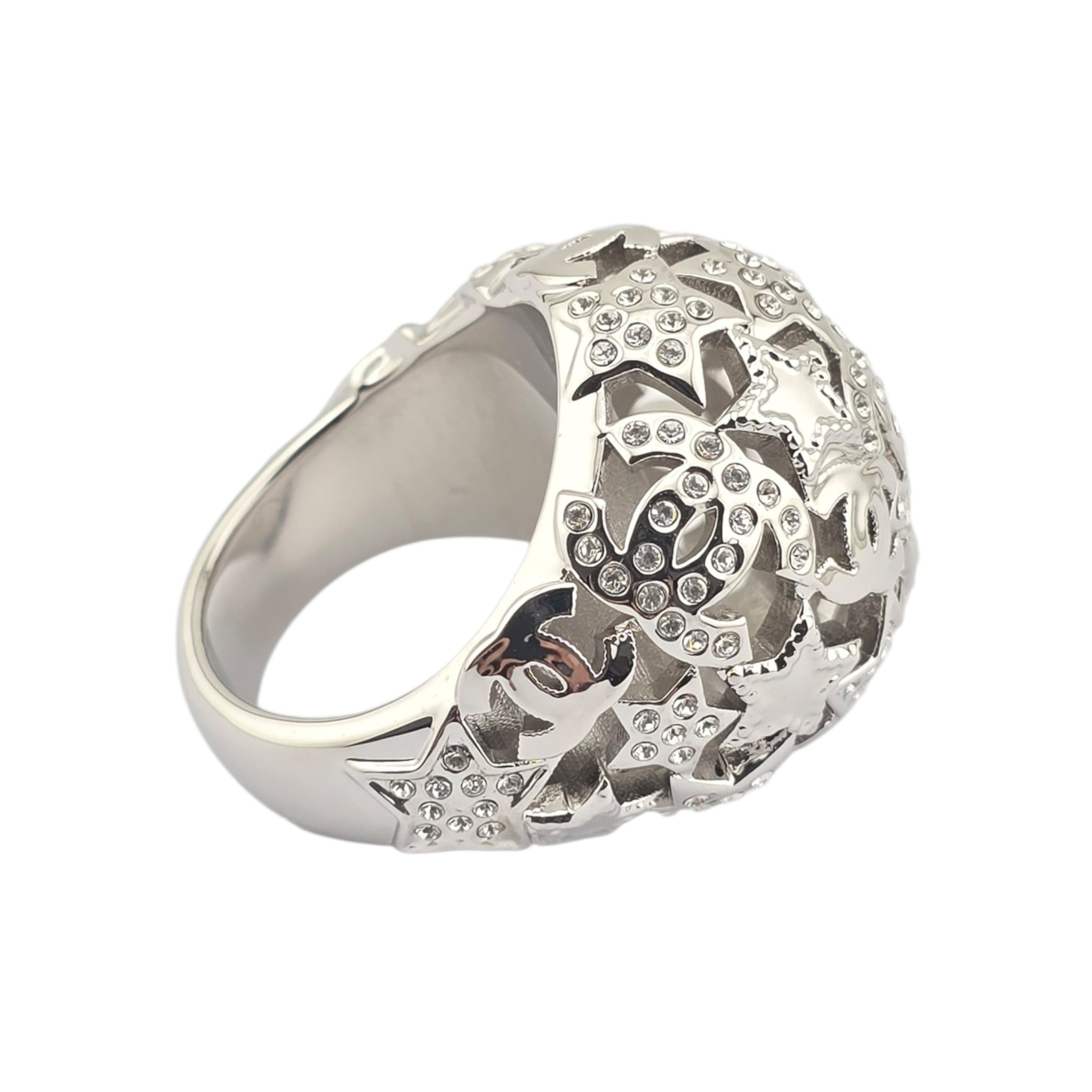 Chanel Metal Crystal Star CC Ring Silver 2025 CHANEL