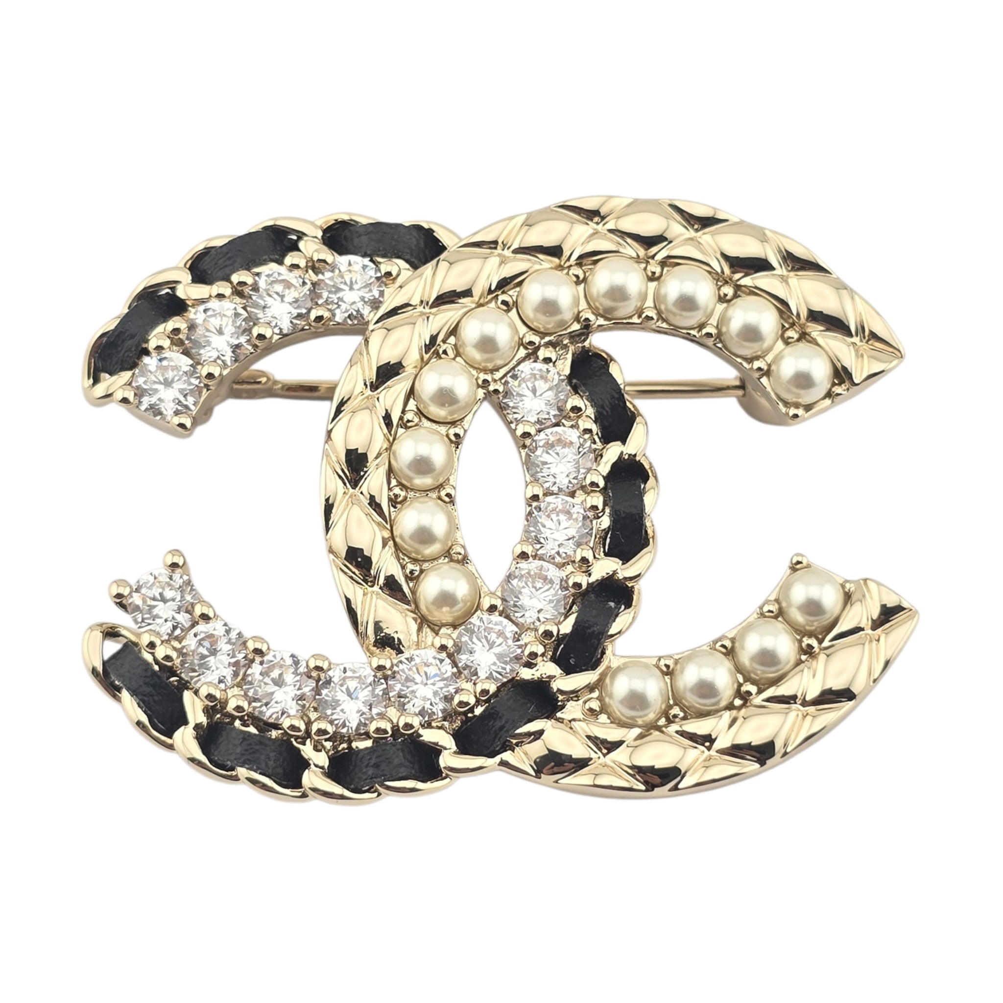 Chanel CC Lambskin Pearl Crystal Quilted Brooch Black Gold CHANEL