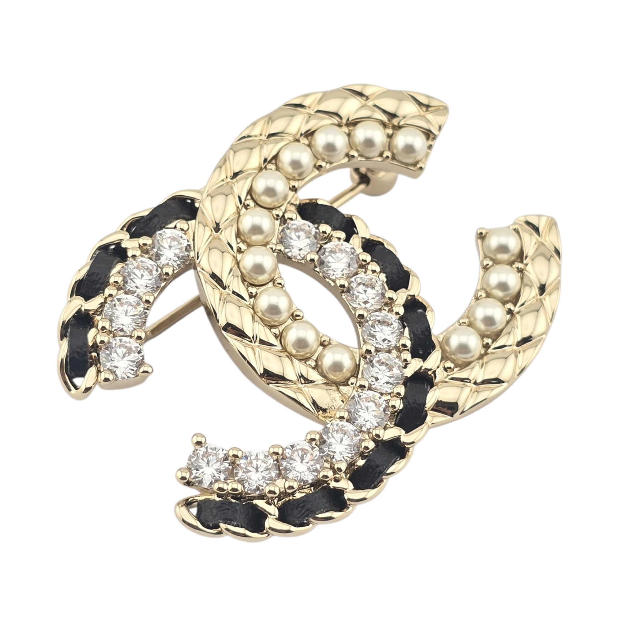 Chanel CC Lambskin Pearl Crystal Quilted Brooch Black Gold CHANEL