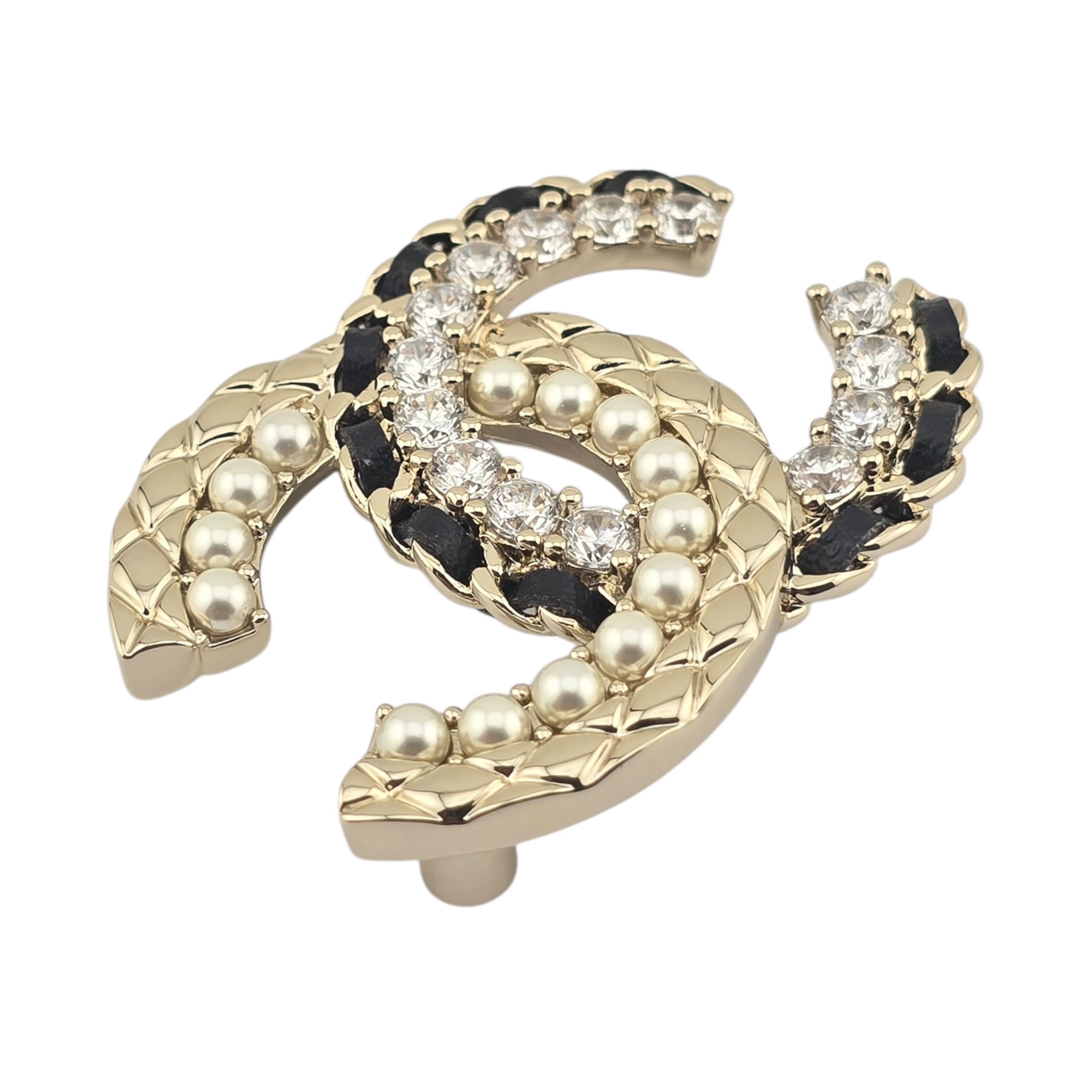 Chanel CC Lambskin Pearl Crystal Quilted Brooch Black Gold CHANEL