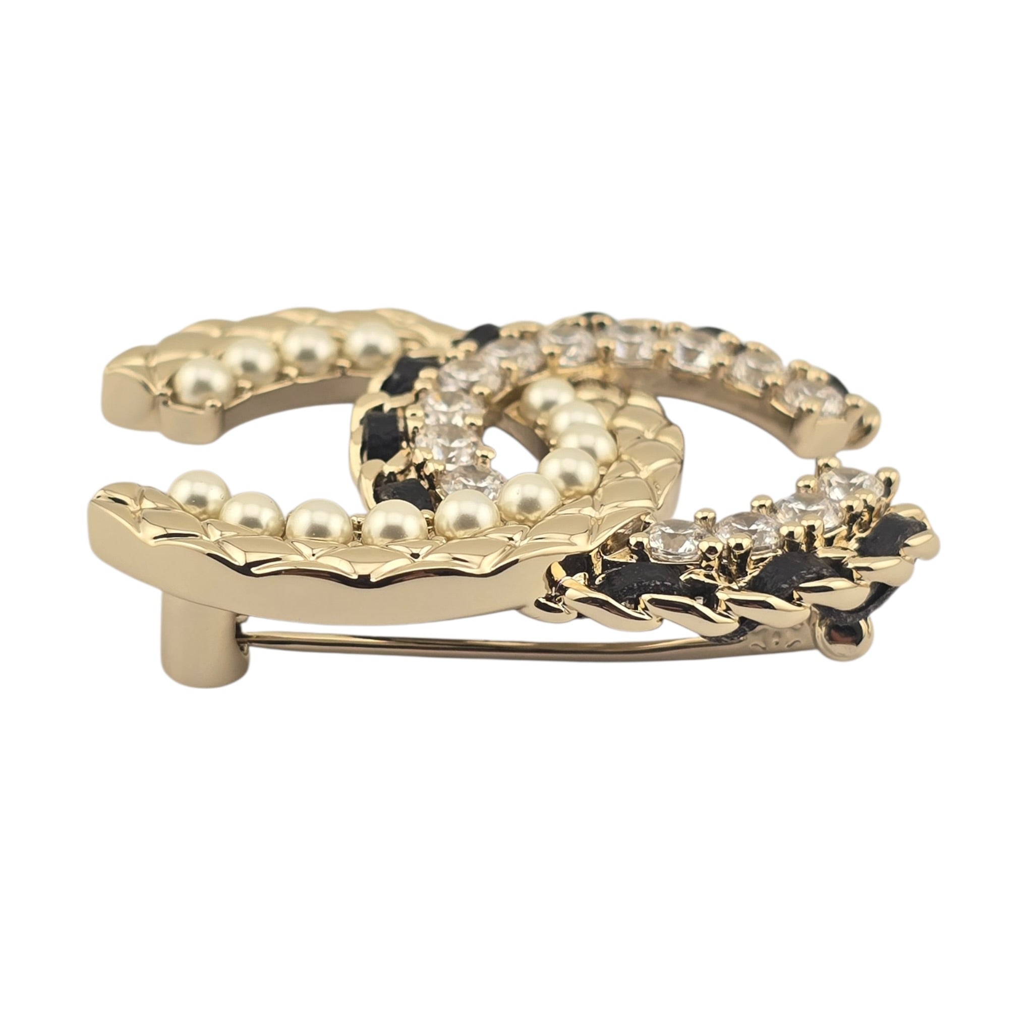 Chanel CC Lambskin Pearl Crystal Quilted Brooch Black Gold CHANEL