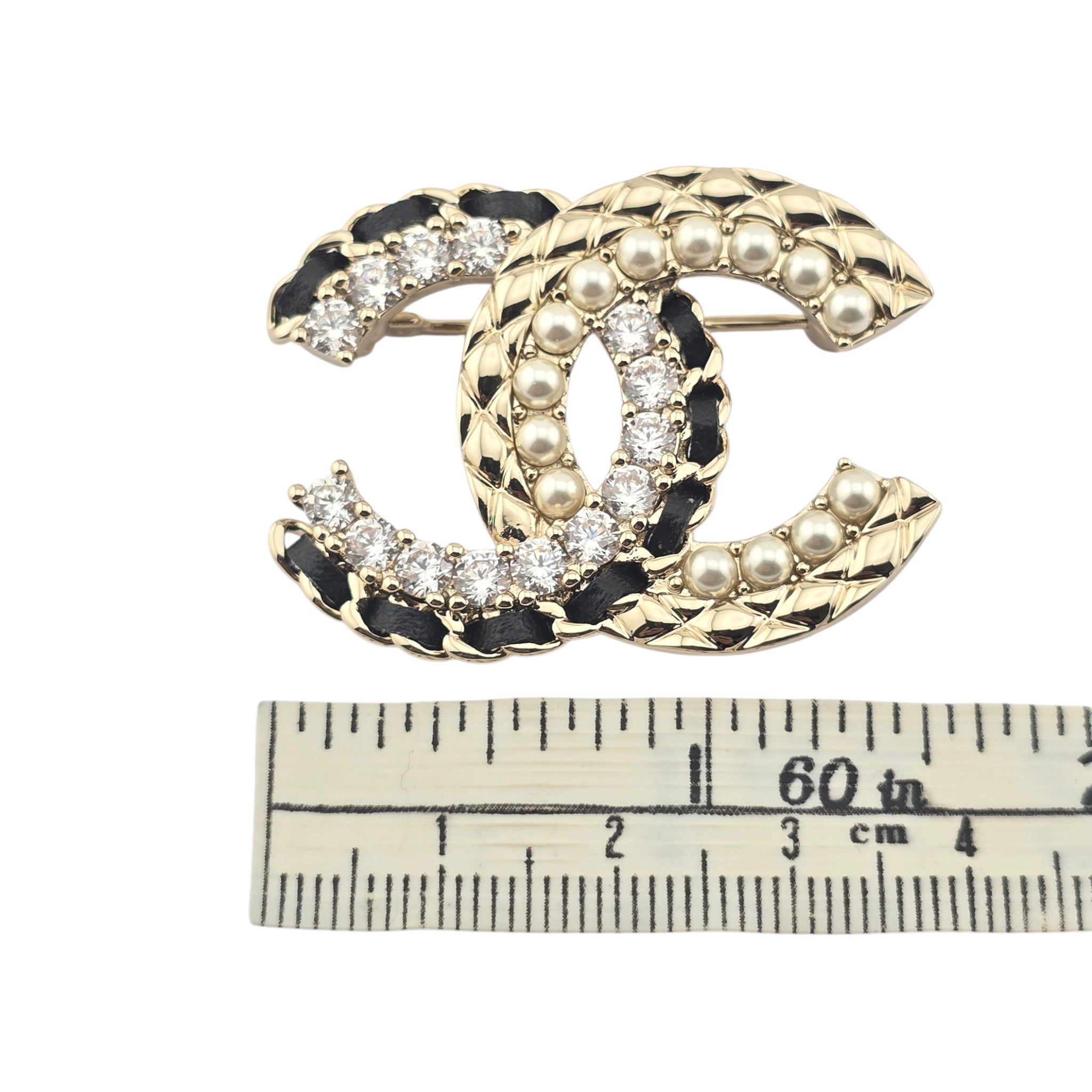 Chanel CC Lambskin Pearl Crystal Quilted Brooch Black Gold CHANEL